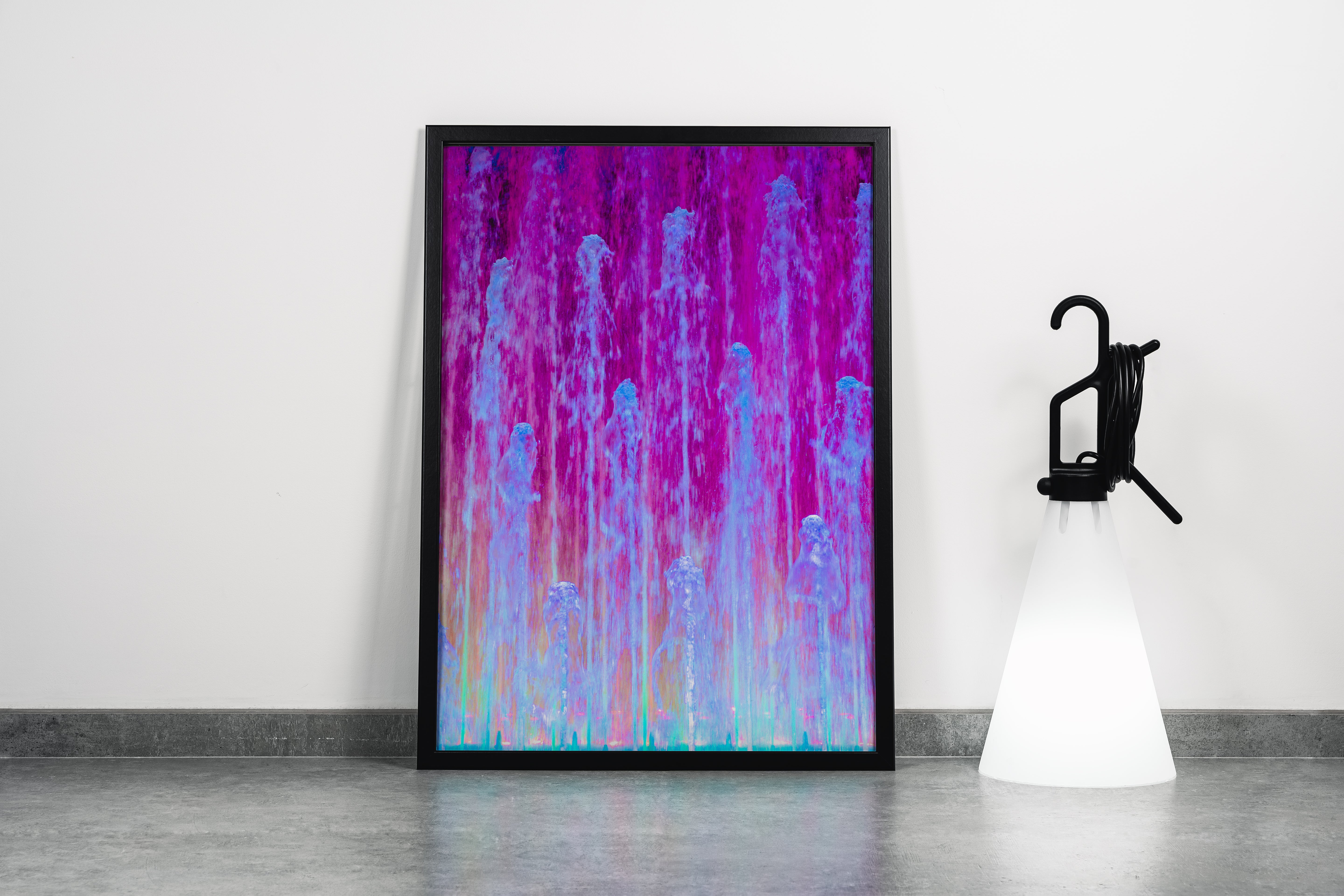 a vibrant night photograph of a water fountain illuminated with pink and blue lights, abstract, art, kanvas tablo
