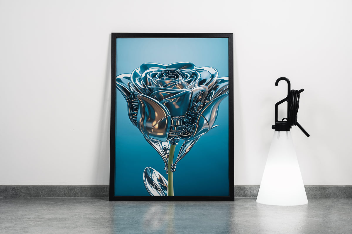 ai creation, the rose and its leaves are made of silver, in muted blue tones model 2, ai art, art, kanvas tablo