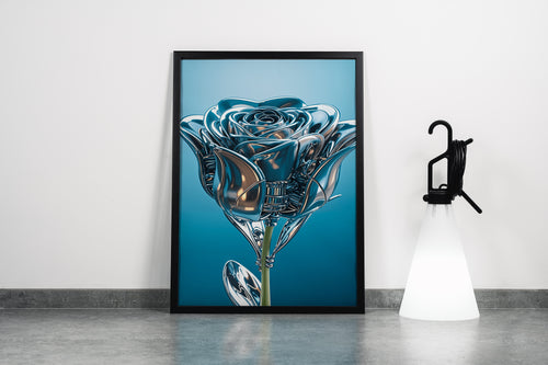 ai creation, the rose and its leaves are made of silver, in muted blue tones model 2, ai art, art, kanvas tablo