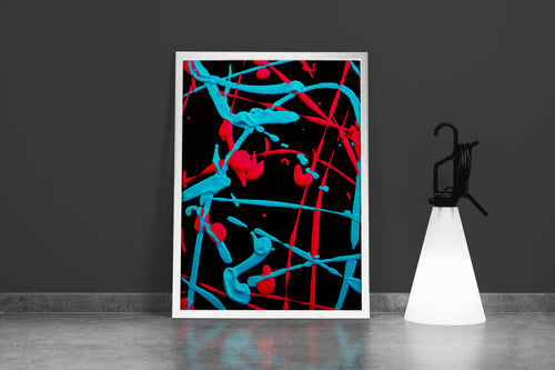 vibrant abstract splatters of bright red and cyan paint on a solid black background, abstract, art, kanvas tablo