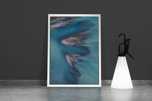 a minimalist aerial photograph of sandbars creating abstract shapes in calm, blue-grey water, abstract, art, kanvas tablo
