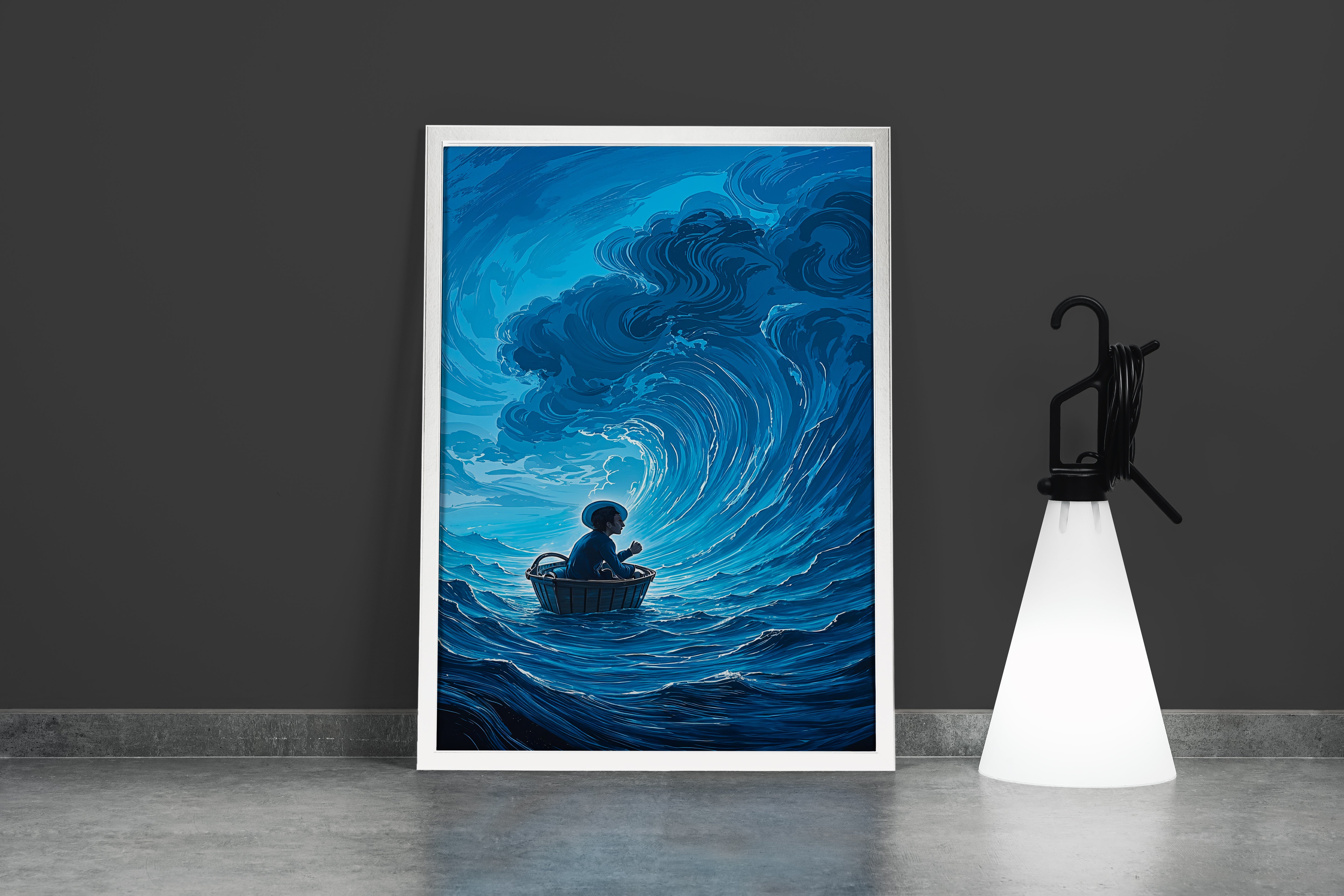 ai creation, a man sitting in a basket floating in giant waves, ai art, art, kanvas tablo