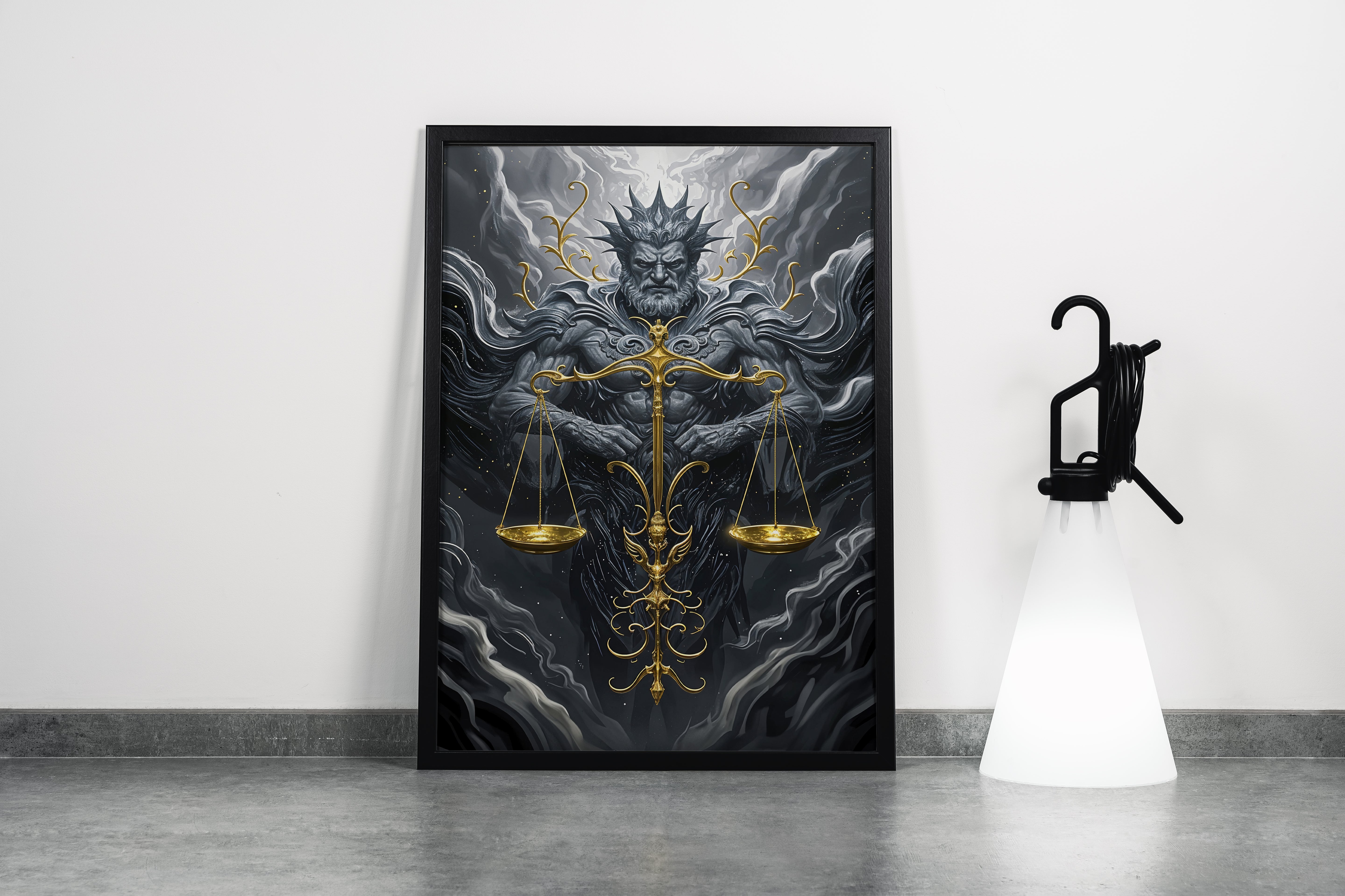 ai creation, an epic god of justice with a stone body and golden scales, ai art, art, kanvas tablo