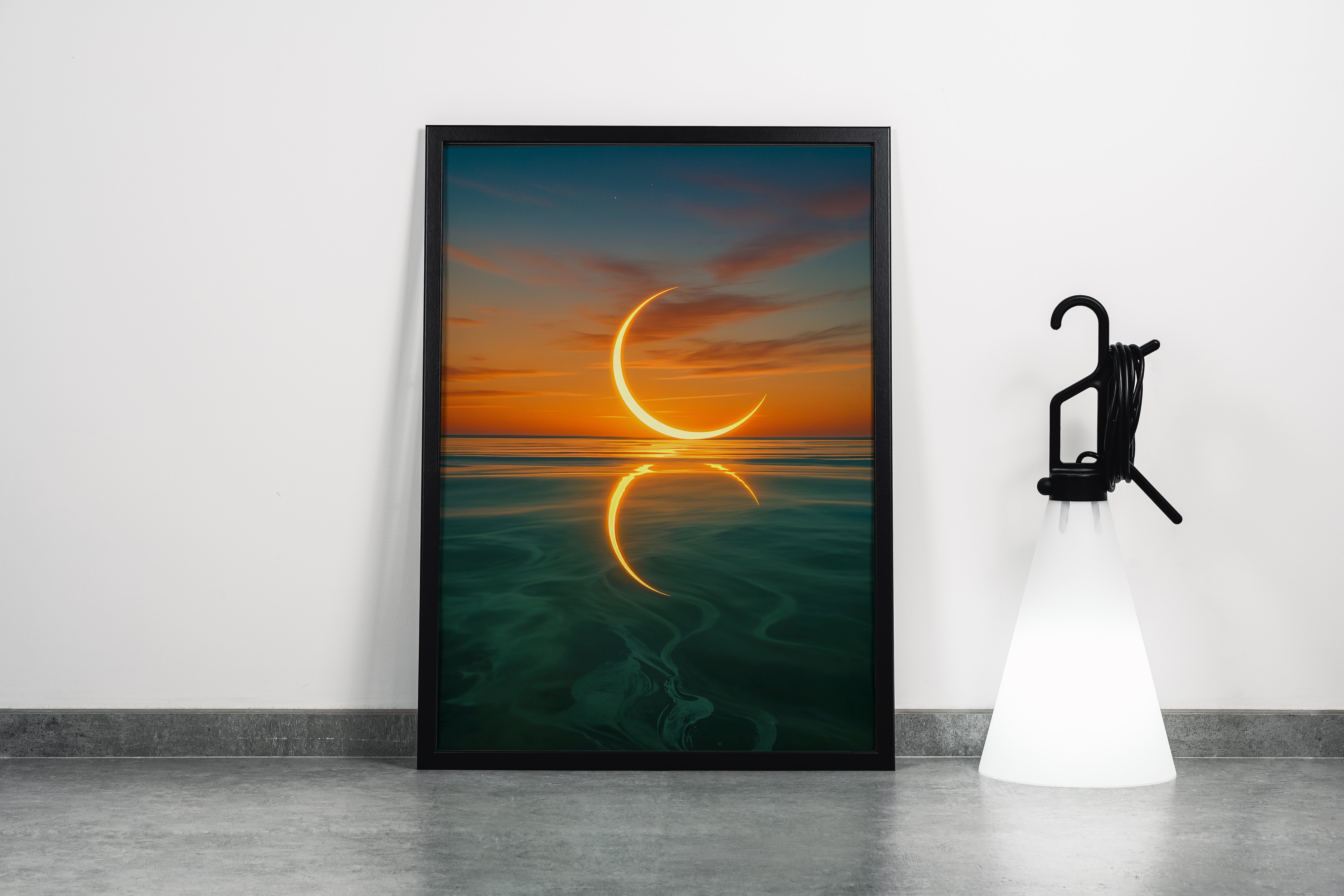 ai creation, the moon reflected in the sea at sunset, ai art, art, kanvas tablo