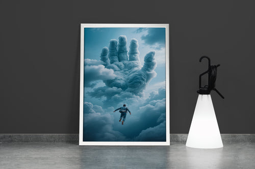 ai creation, a giant hand of clouds reaching for a man falling through the sky, ai art, art, kanvas tablo