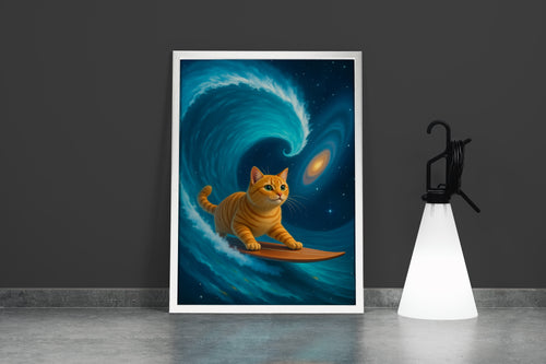 Kozmik Dalgalarda Sörf Yapan Kedi Galaksi Manzaralı Sürrealist Kanvas Tablo
