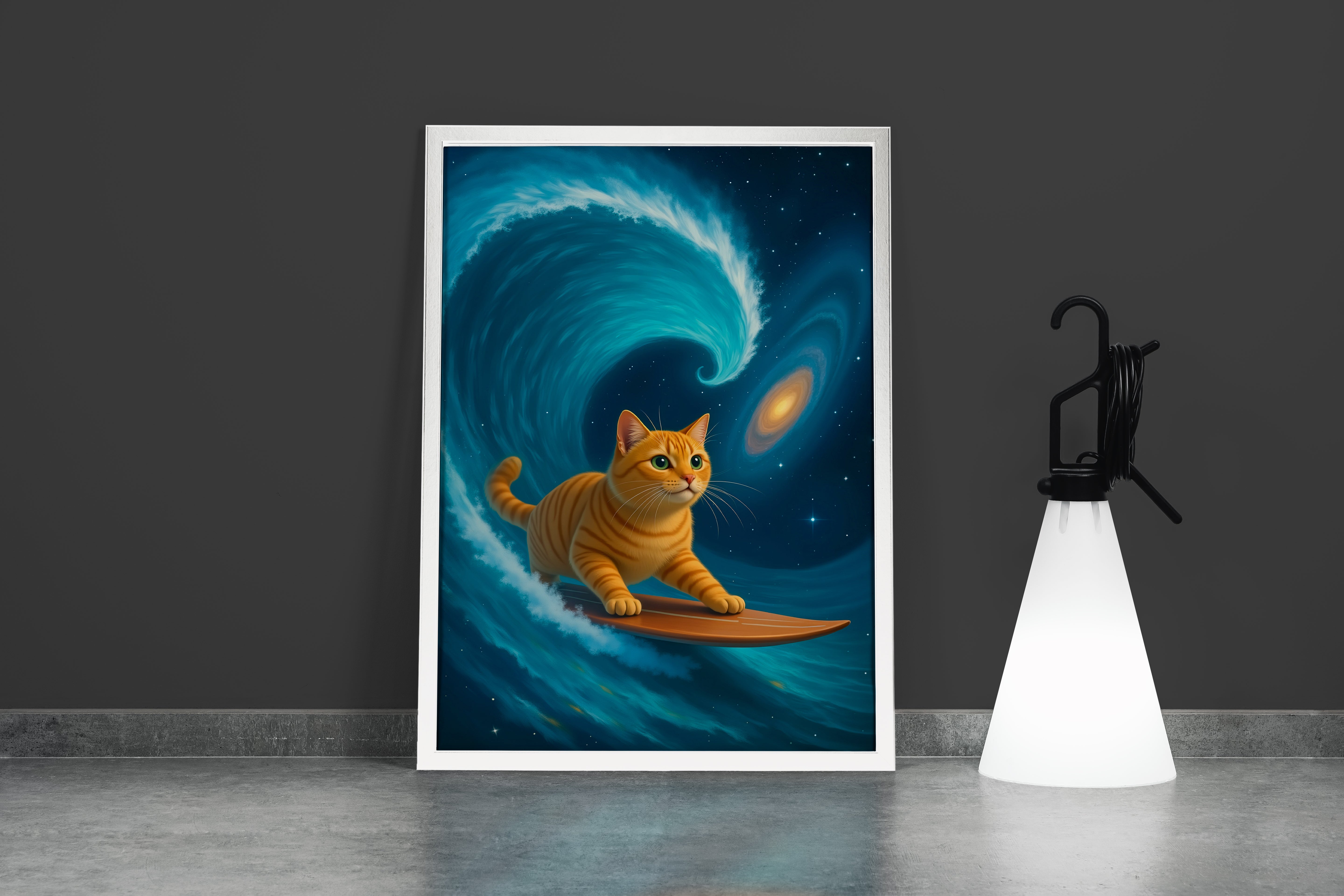 Kozmik Dalgalarda Sörf Yapan Kedi Galaksi Manzaralı Sürrealist Kanvas Tablo