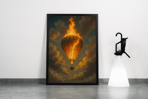 ai creation, a burning hot air balloon falling, ai art, art, kanvas tablo