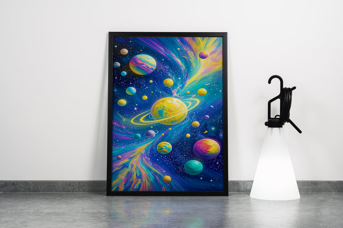 ai creation, saturn and the other colorful planets in its orbit model 1, ai art, art, kanvas tablo