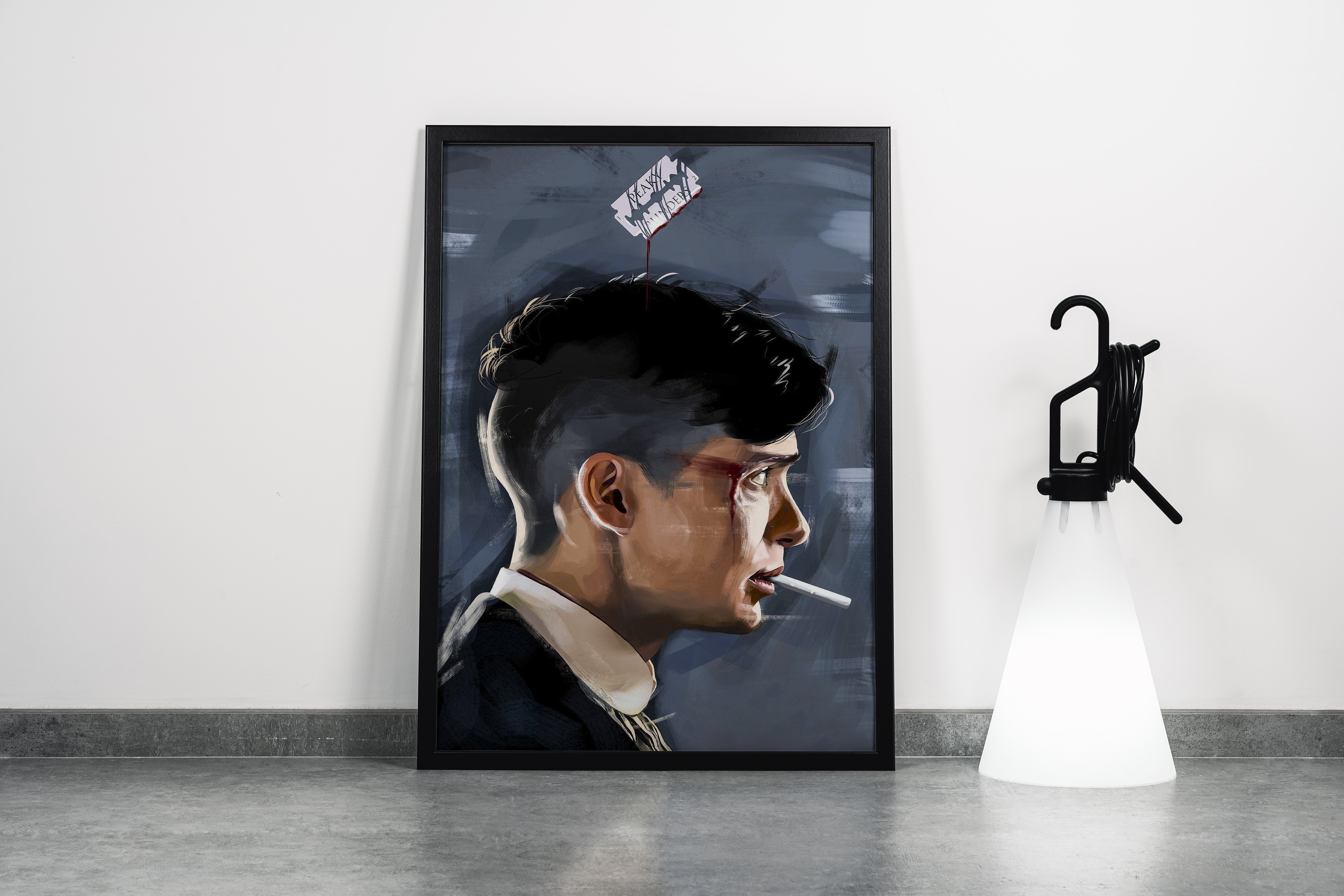 an intense painterly portrait of thomas shelby with a cigarette and bloody razor, art, kanvas tablo