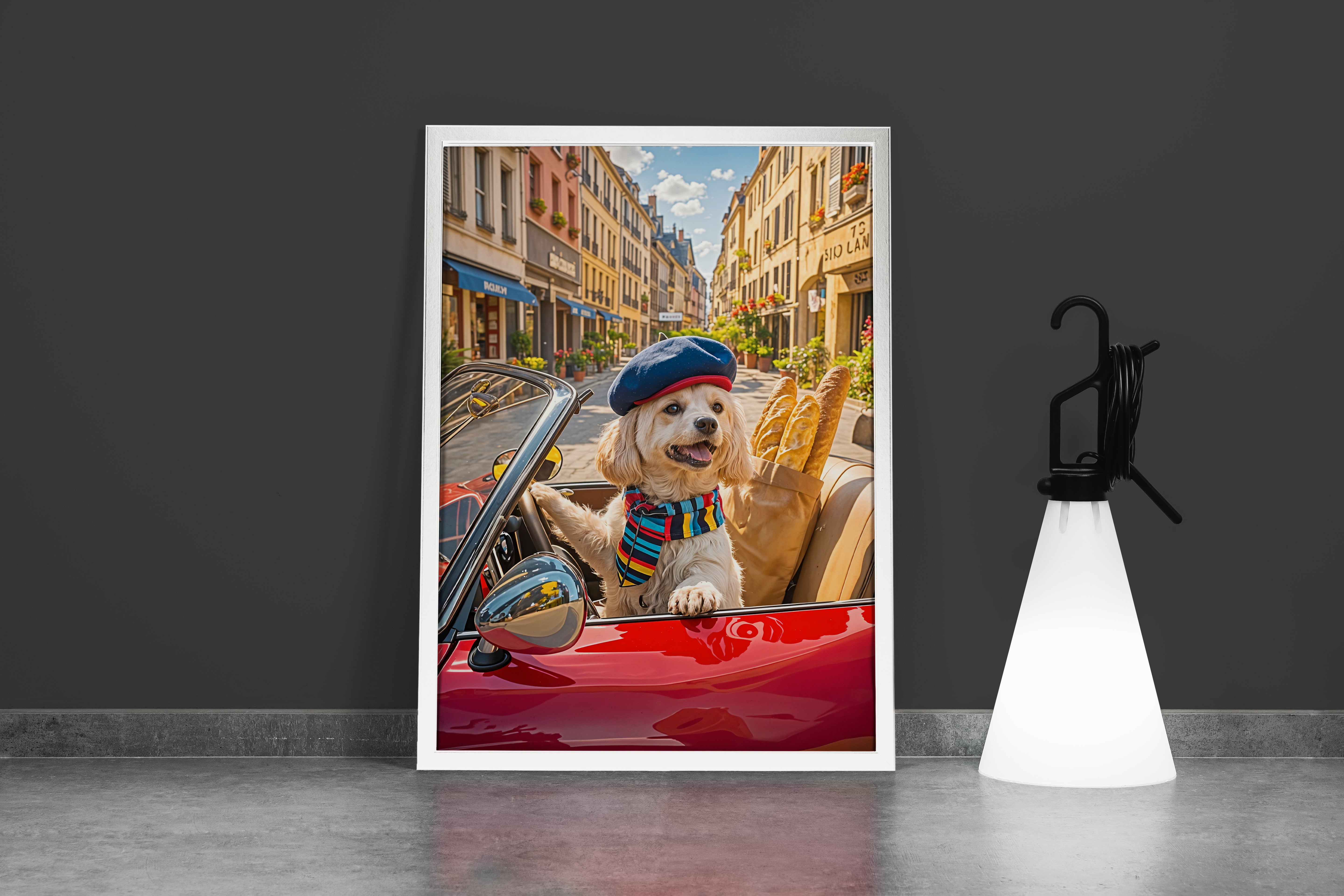 ai creation, modern dog driving a car with his cool hat, ai art, art, kanvas tablo
