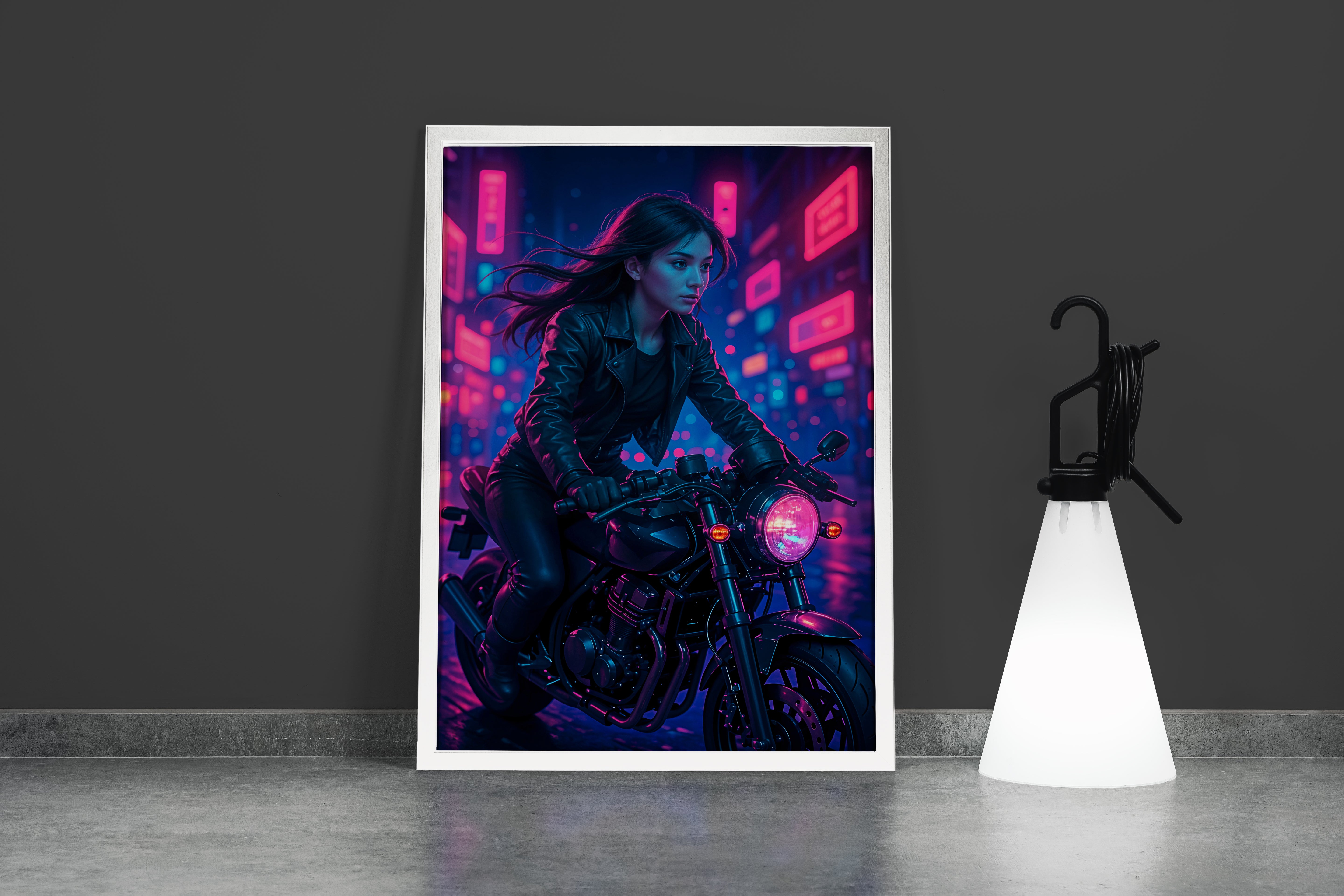 ai creation, Cyberpunk motorcycle girl, ai art, art, kanvas tablo