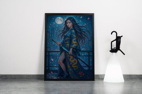ai creation, asian female warrior in the moonlight, ai art, art, kanvas tablo