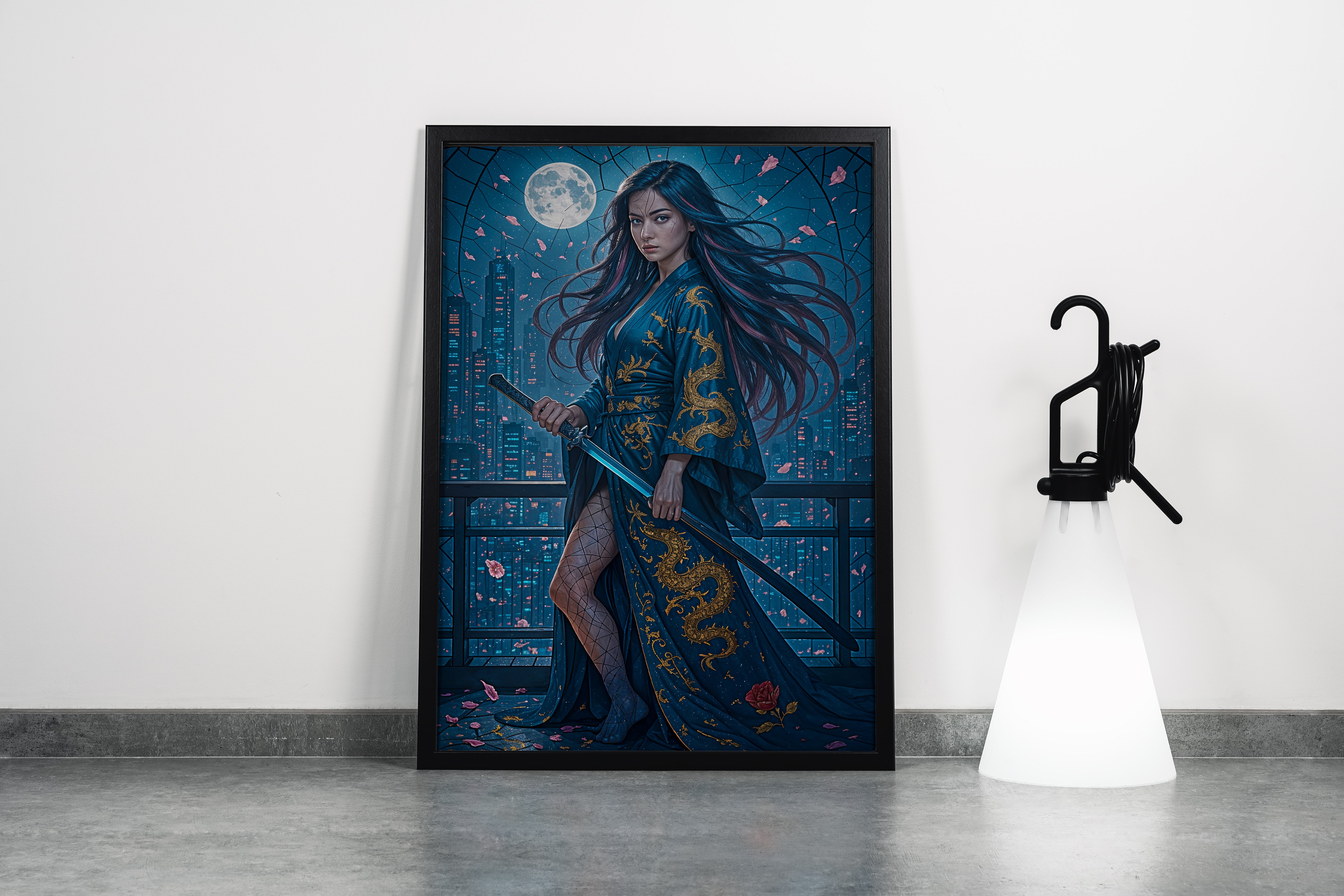 ai creation, asian female warrior in the moonlight, ai art, art, kanvas tablo