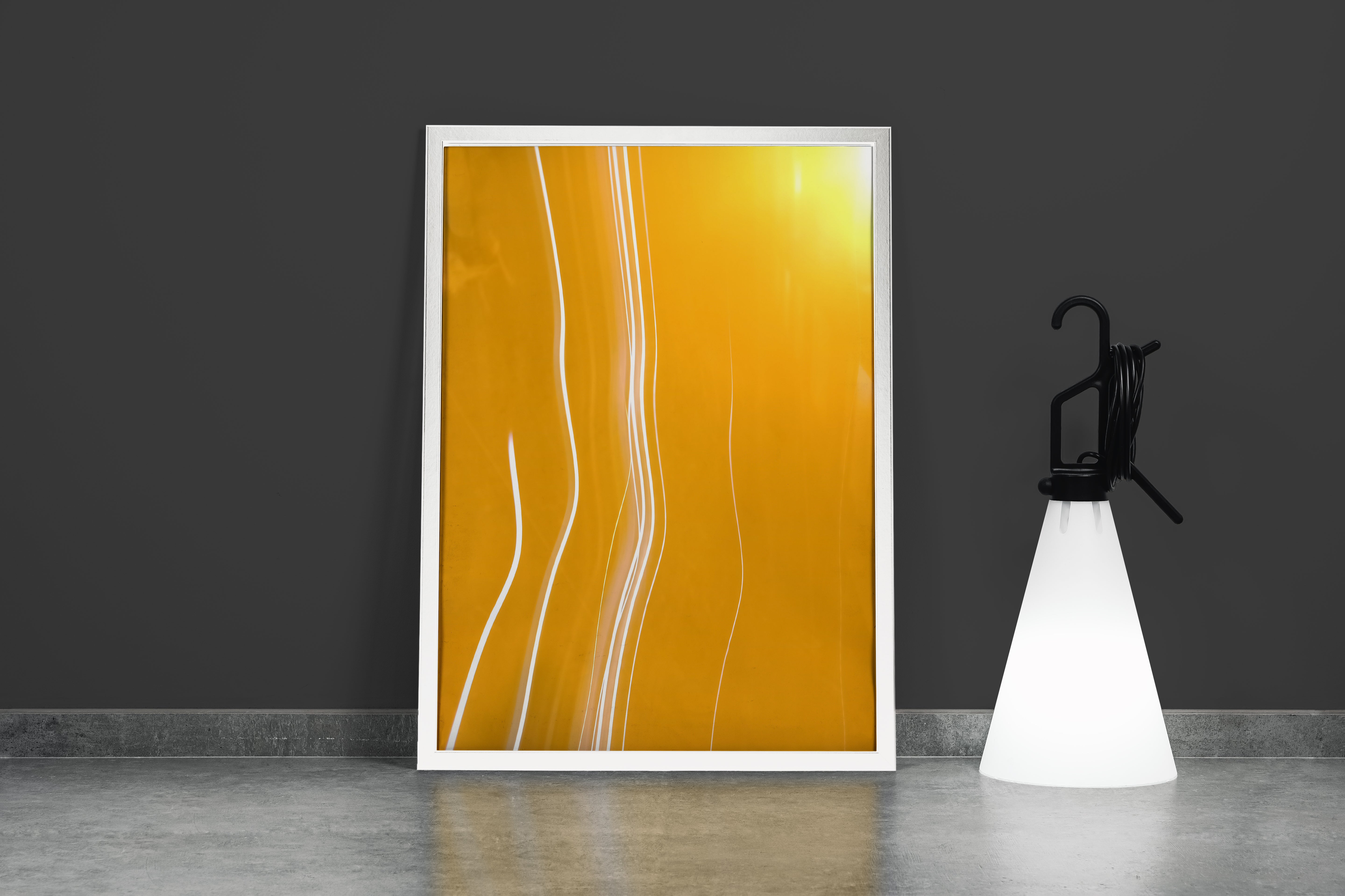 an abstract long exposure photograph with white light trails against a vibrant orange background, abstract, art, kanvas tablo