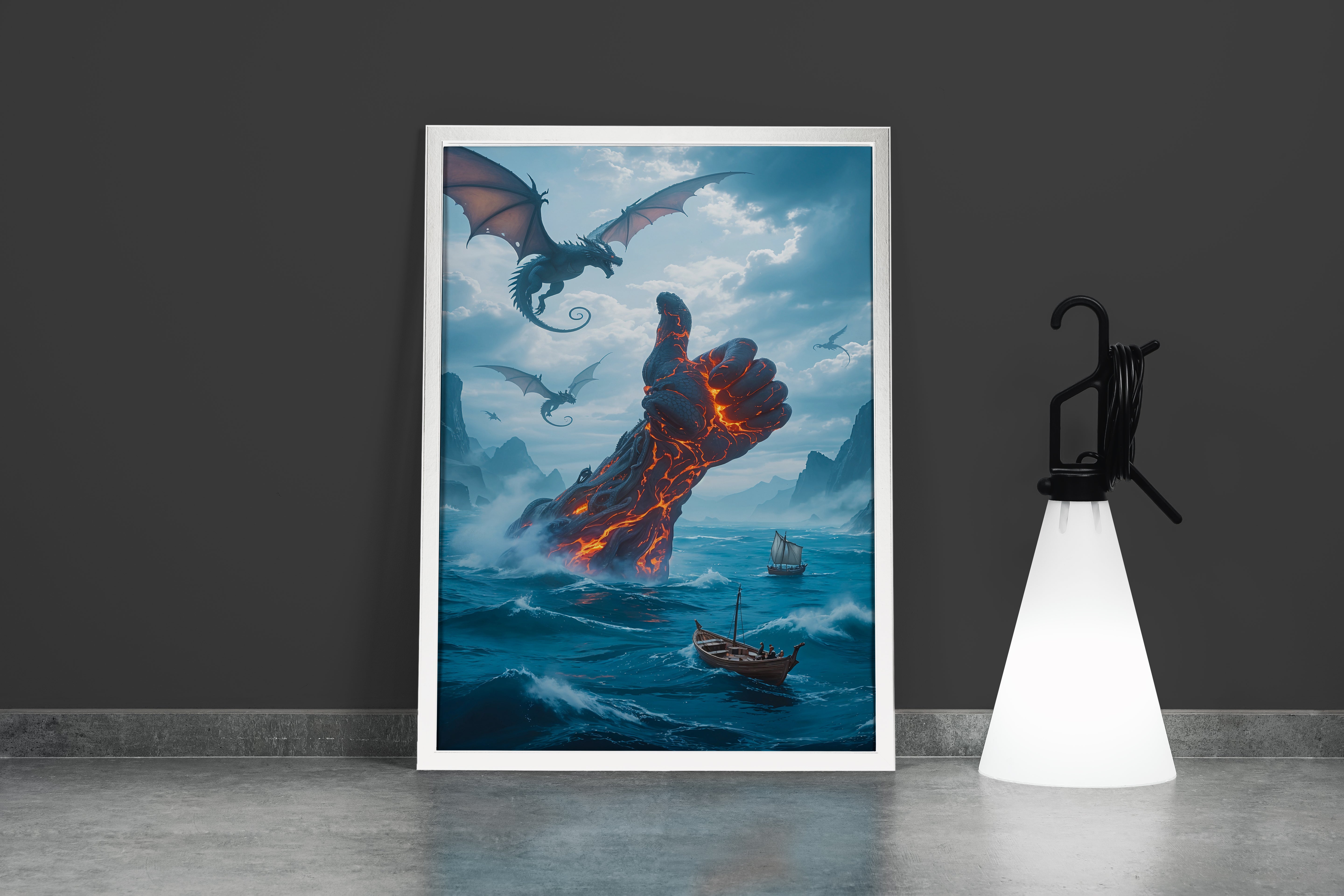 ai creation, a giant lava hand giving a thumbs up in a sea of dragons, ai art, art, kanvas tablo