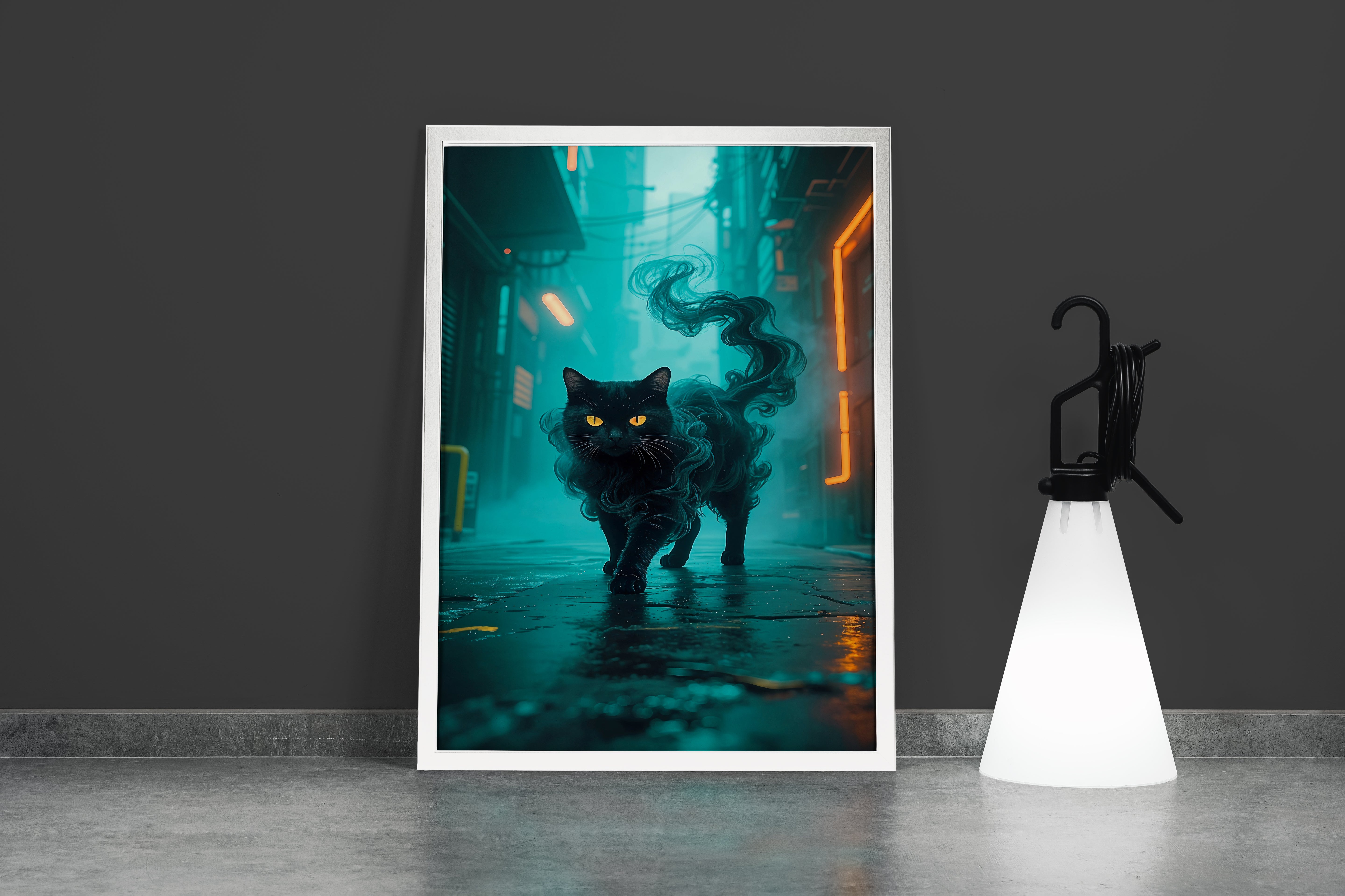 ai creation, cat in neon green fog, pet, ai art, art, kanvas tablo