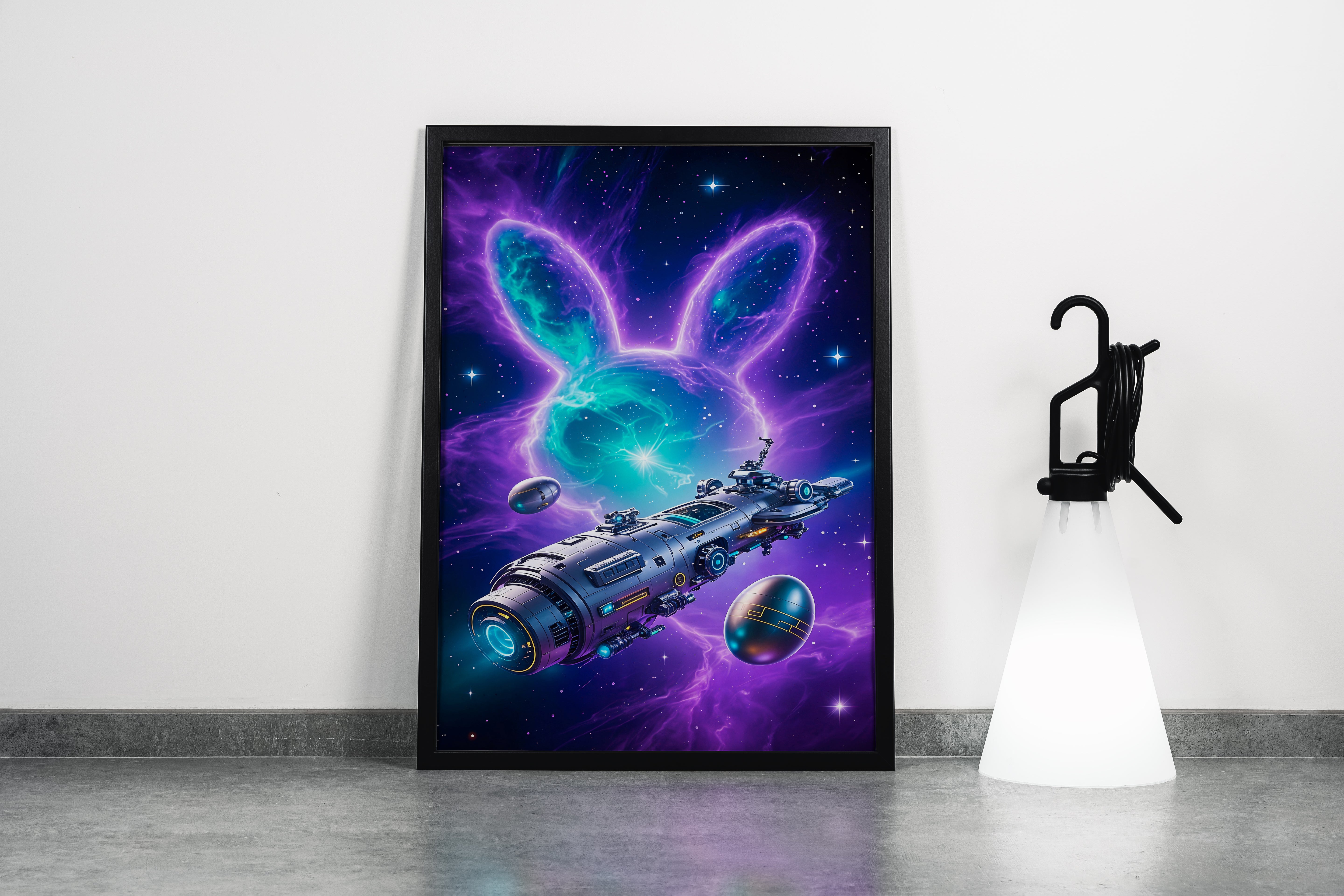 ai creation, rabbit and huge ship in space, ai art, art, kanvas tablo