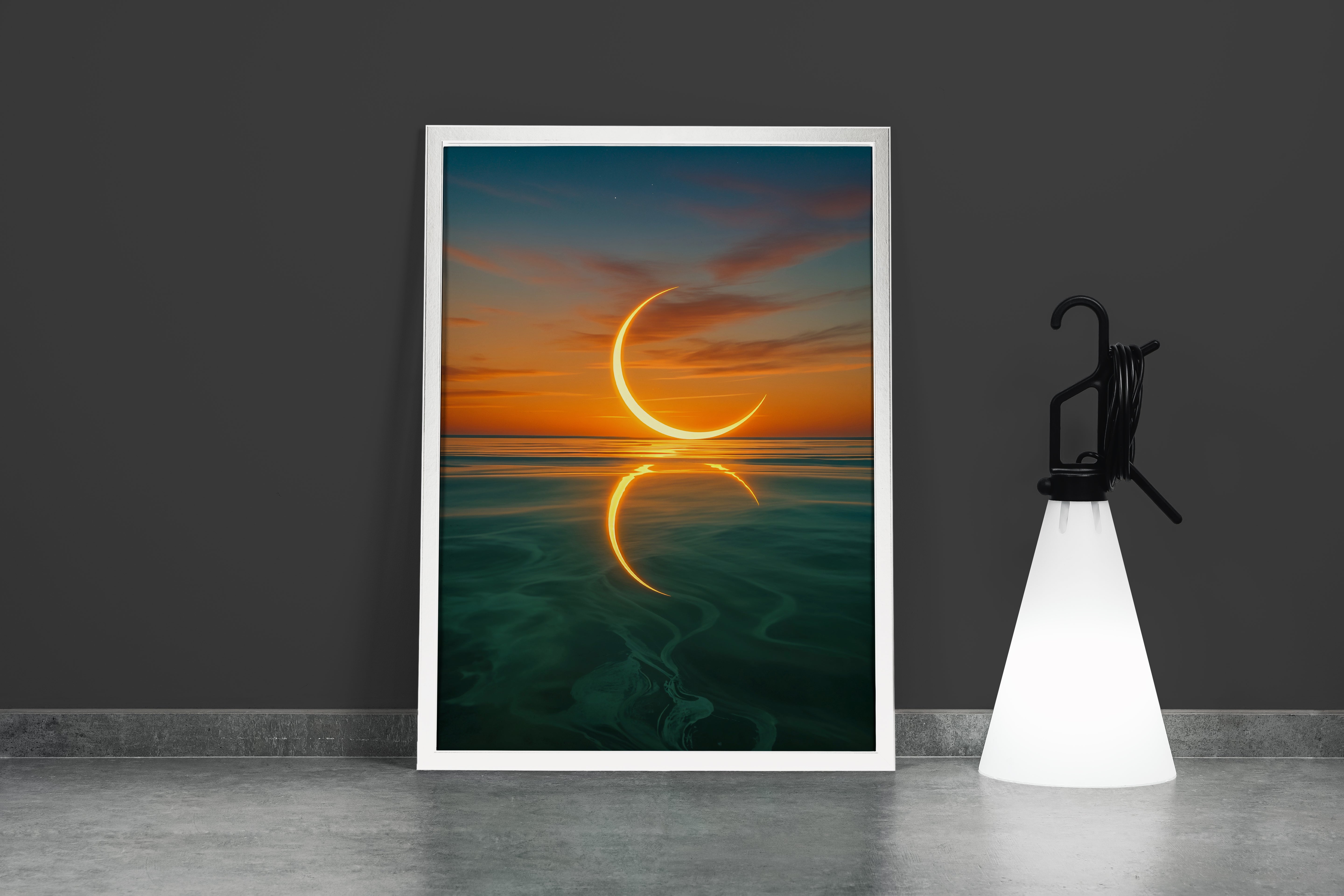 ai creation, the moon reflected in the sea at sunset, ai art, art, kanvas tablo