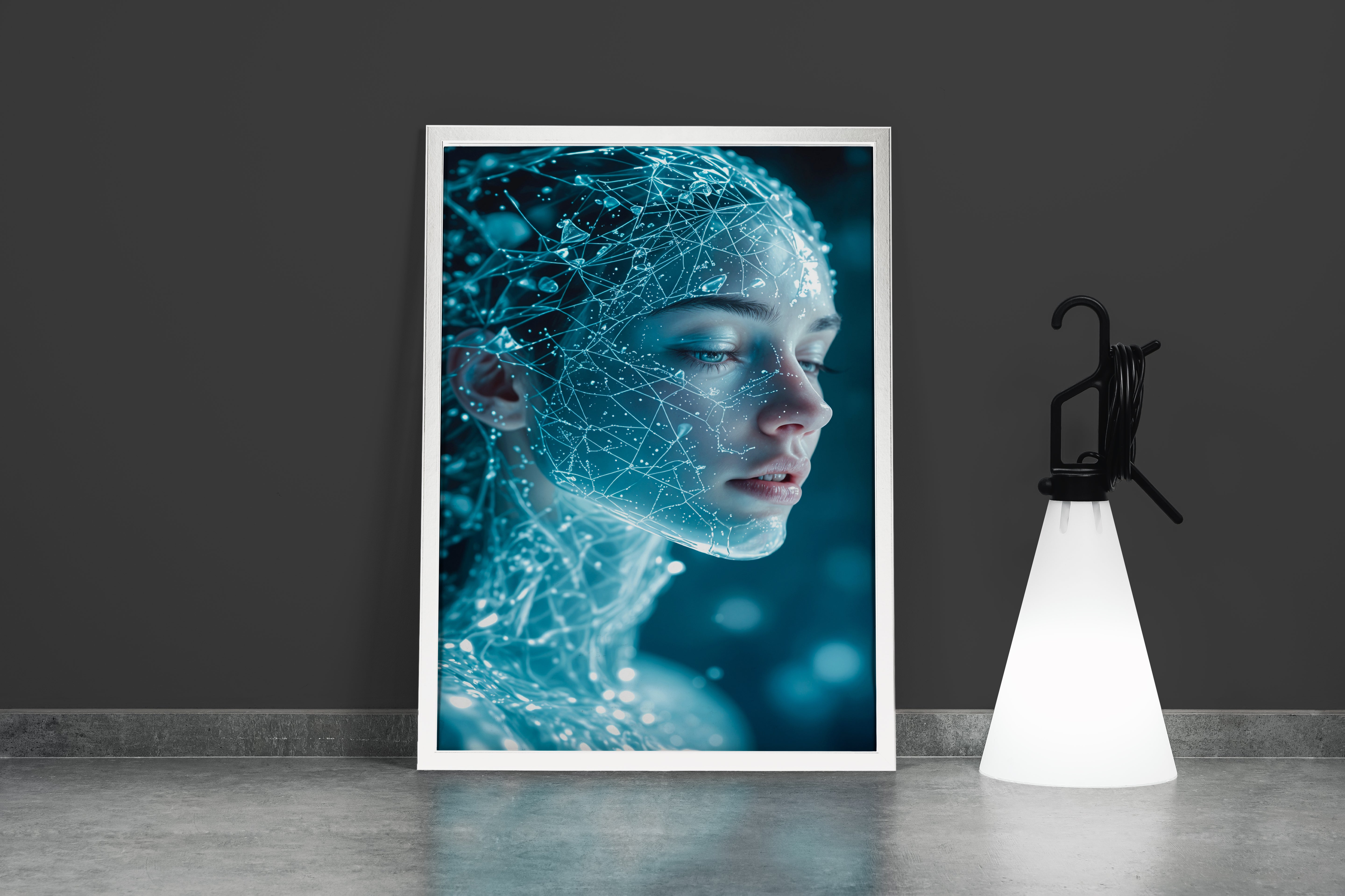 ai creation, a futuristic woman's face made of a glowing blue digital neural network, ai art, art, kanvas tablo