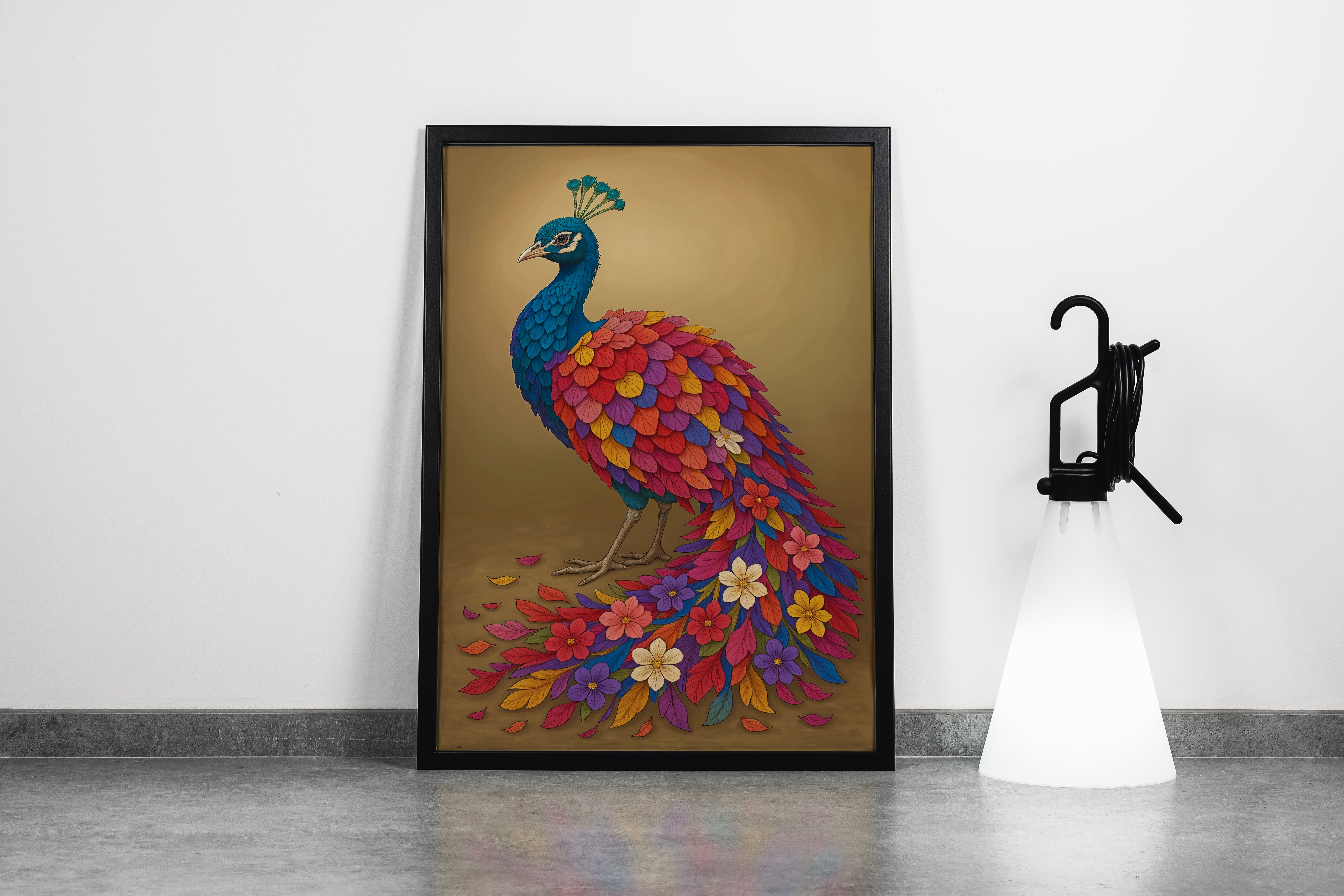 ai creation, colorful peacock adorned with flower motifs, ai art, art, kanvas tablo