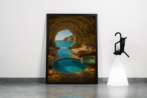 ai creation, hotel room inside the cave and sea view model 1, ai art, art, kanvas tablo