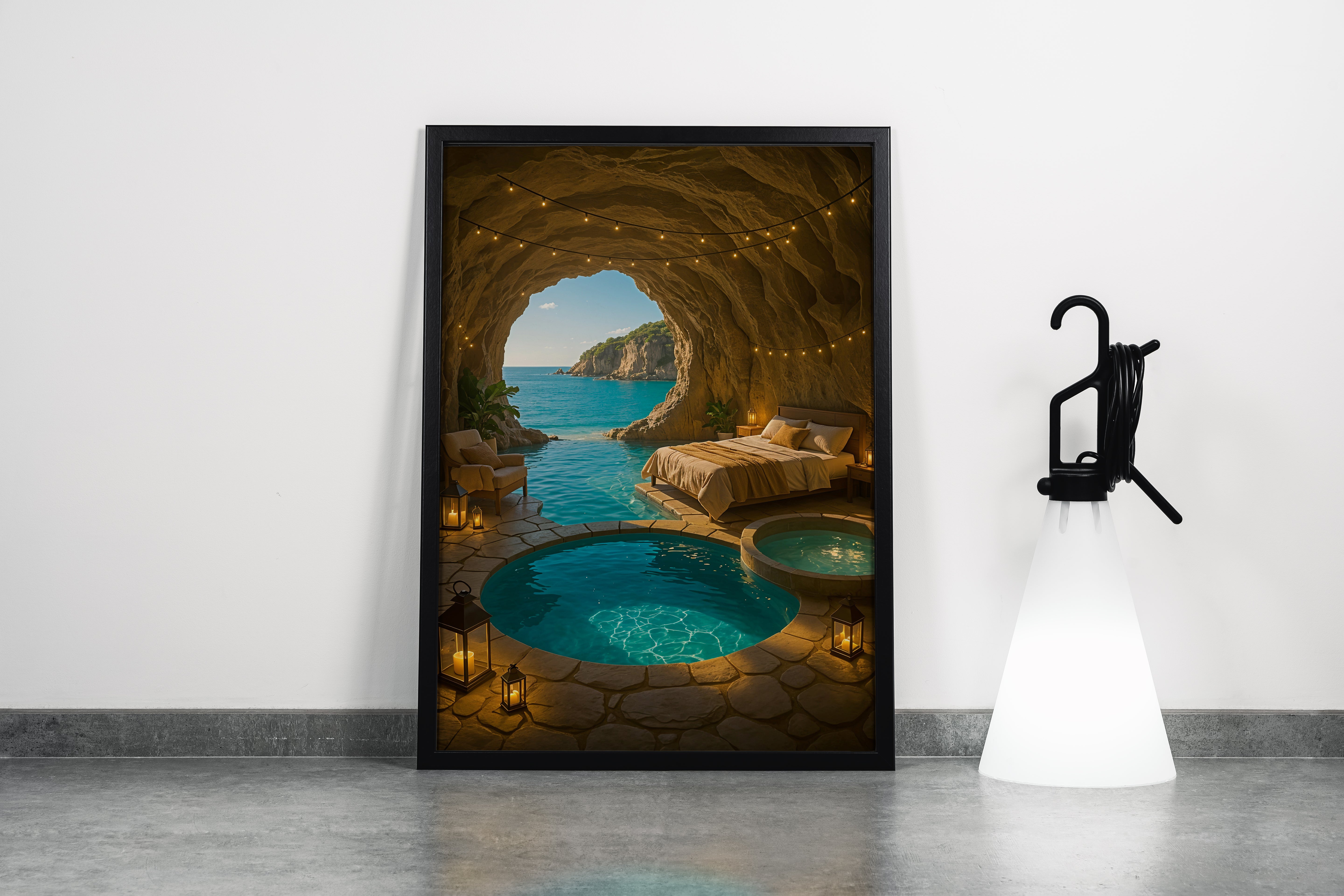 ai creation, hotel room inside the cave and sea view model 1, ai art, art, kanvas tablo
