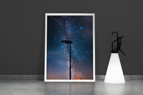 a street lamp silhouetted against a breathtaking starry night sky full of the milky way, abstract, art, kanvas tablo