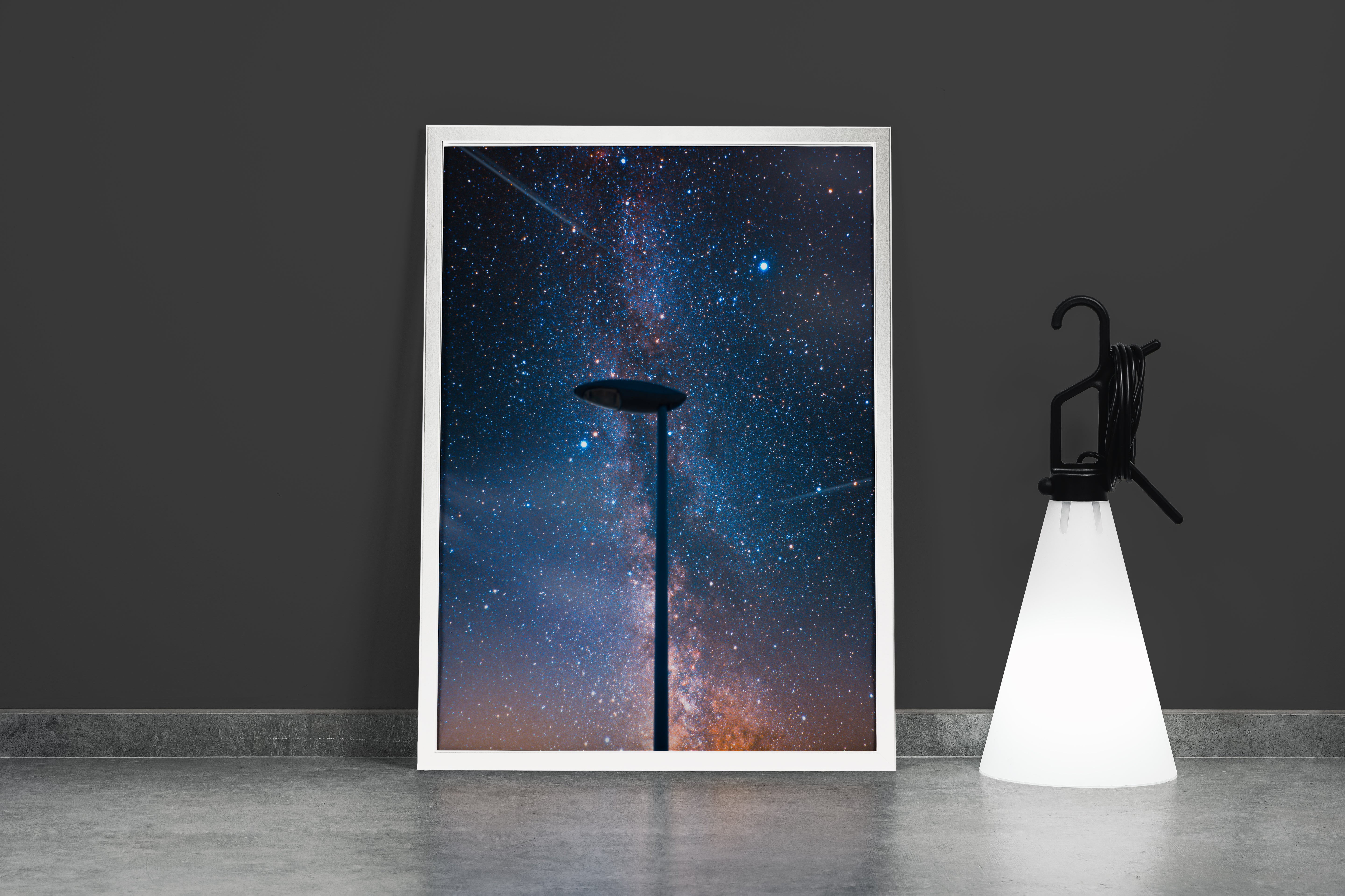 a street lamp silhouetted against a breathtaking starry night sky full of the milky way, abstract, art, kanvas tablo