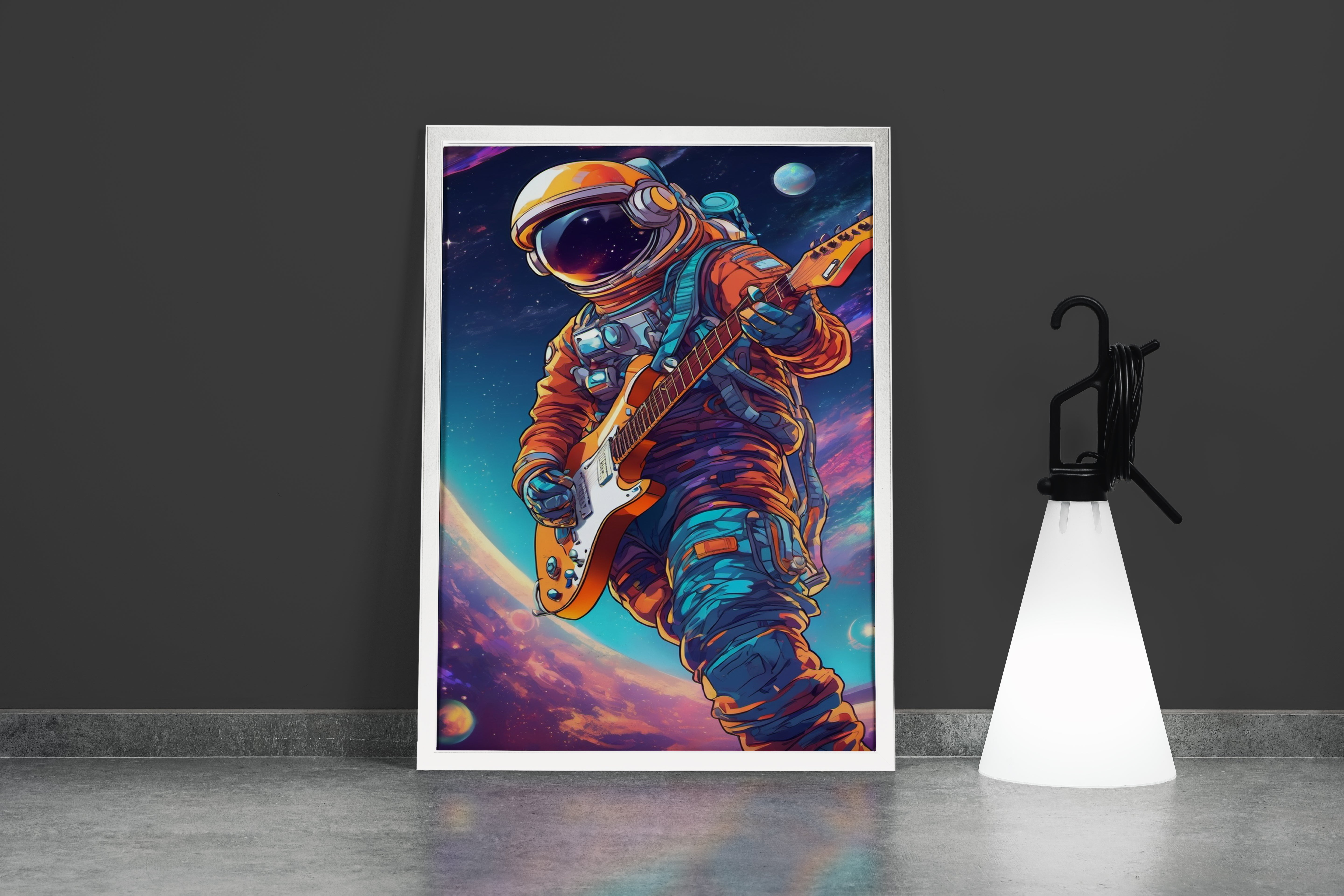 ai creation, astronaut playing guitar in space model 2, orange theme, ai art, art, kanvas tablo