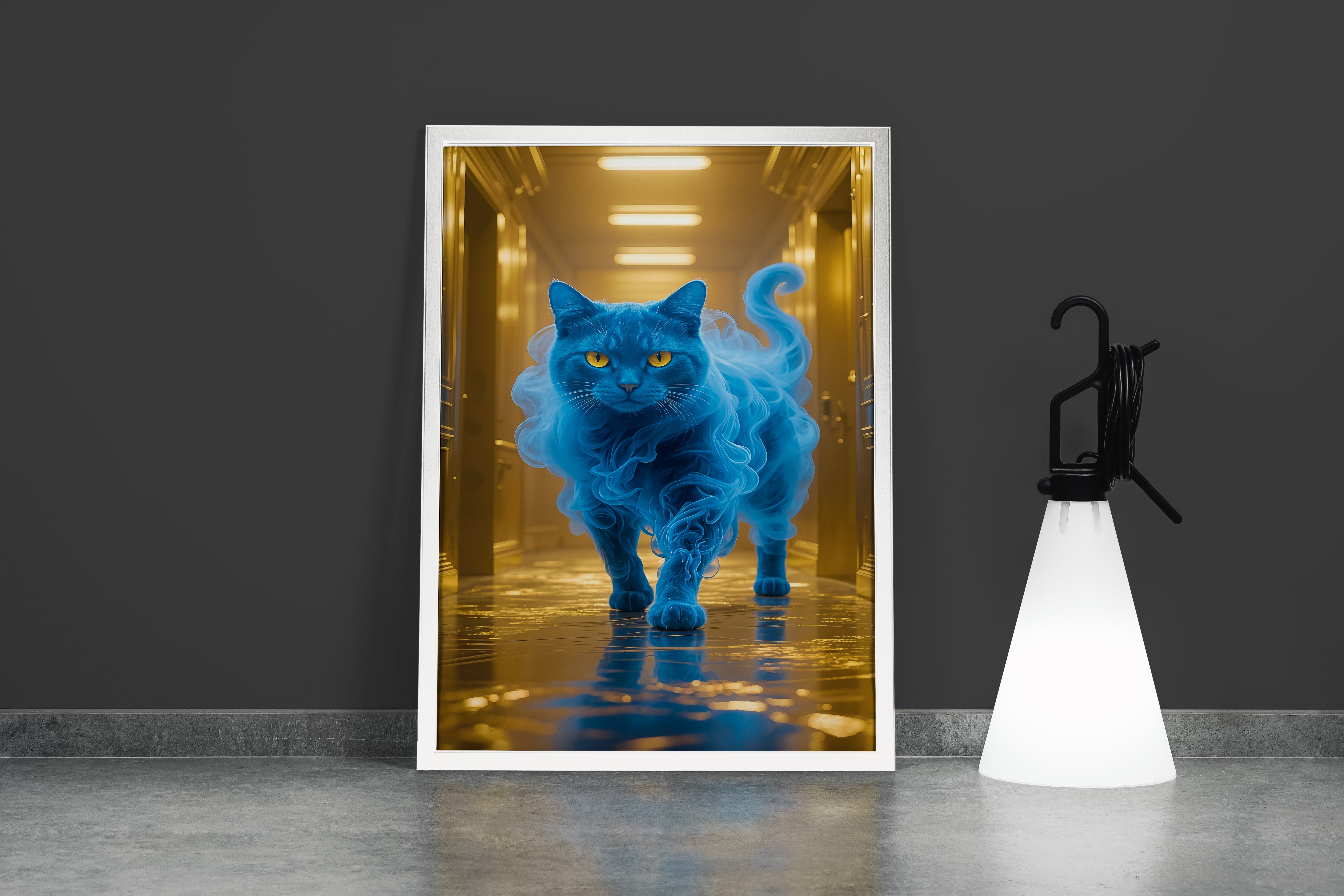 ai creation, wrapped in bluish colour cat, pet, ai art, art, kanvas tablo