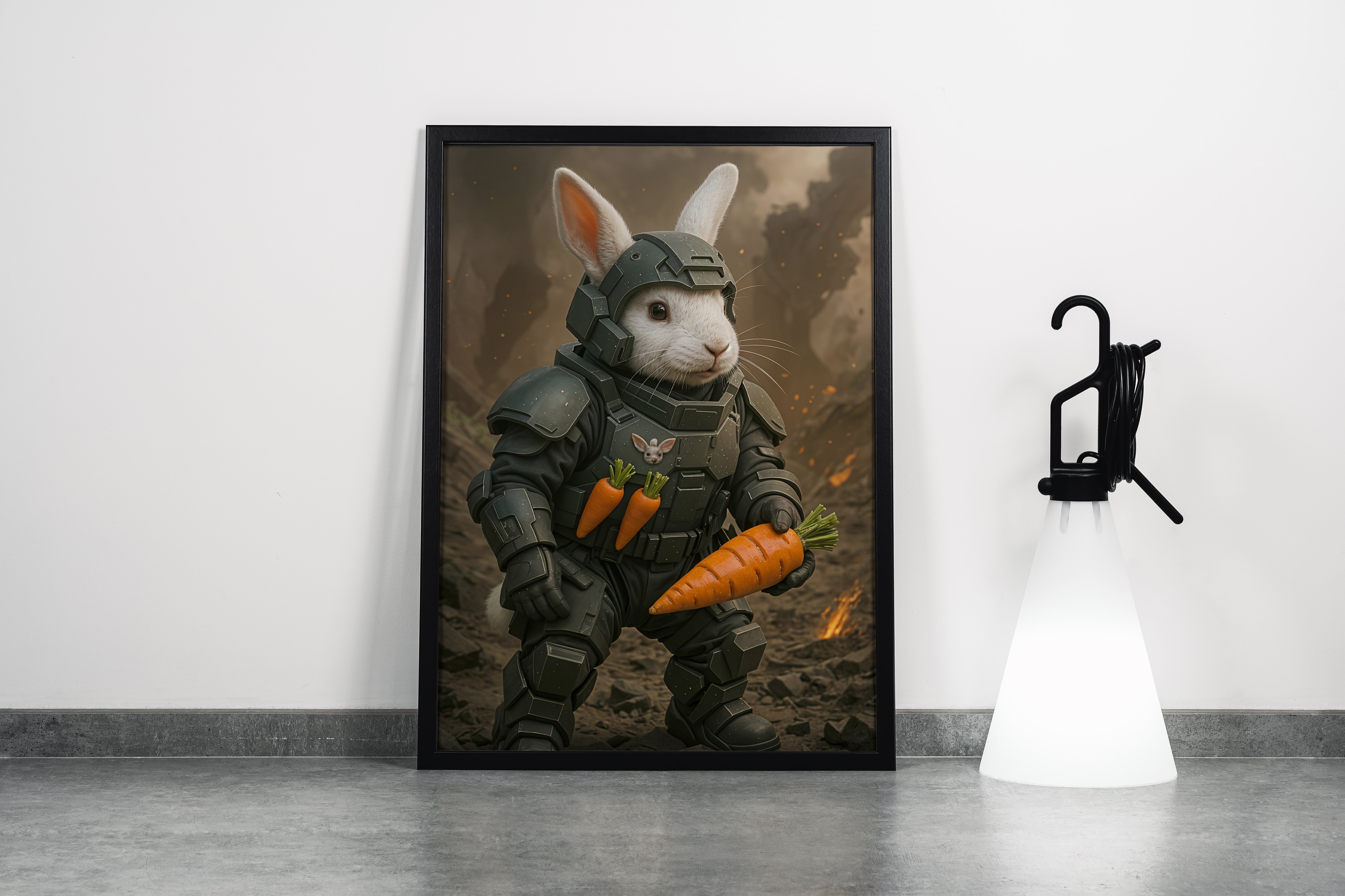 ai creation, carrot armed rabbit fighter, ai art, art, kanvas tablo