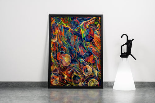 a vibrant and chaotic psychedelic abstract artwork with colorful swirls and bubble-like shapes, abstract, art, kanvas tablo