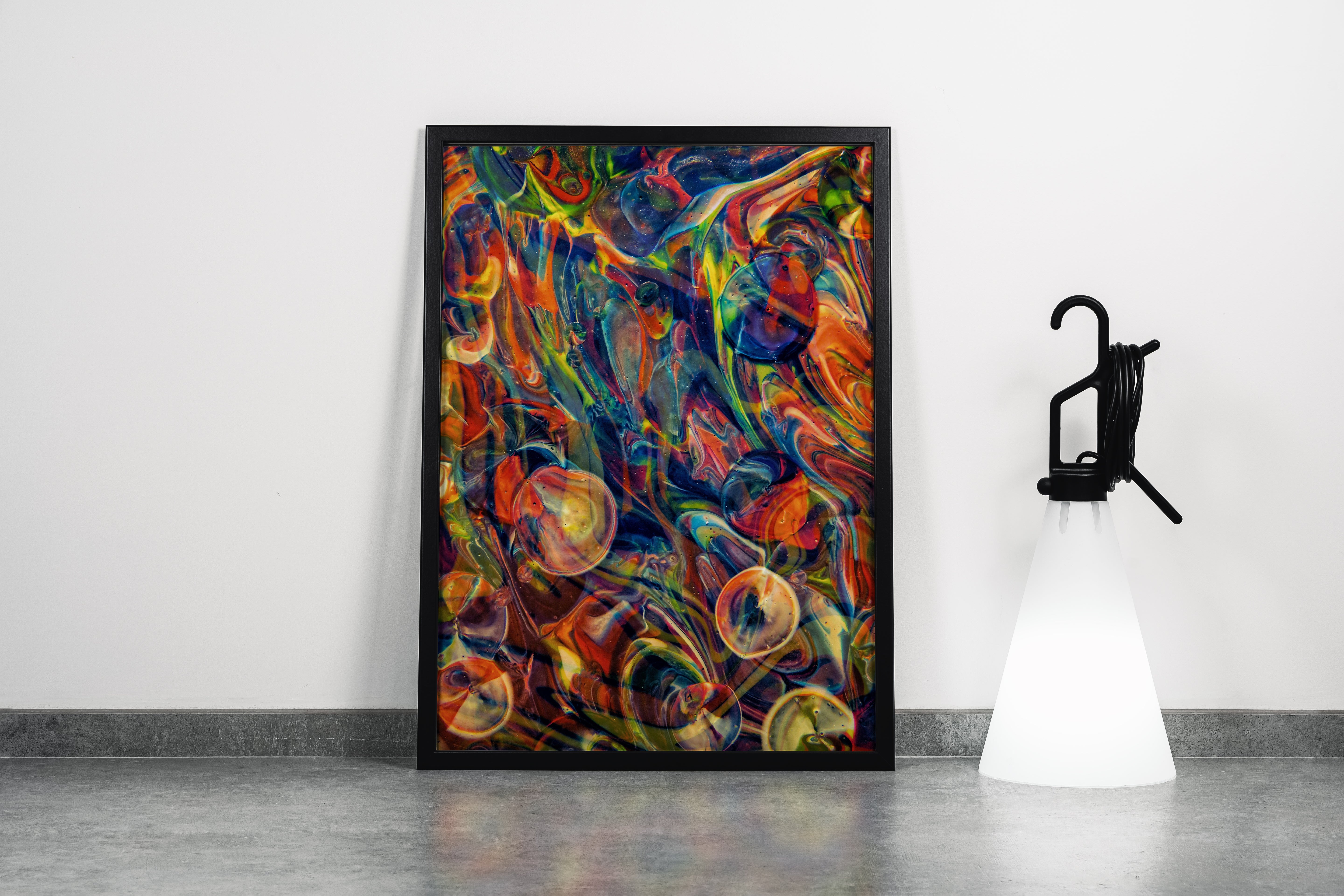 a vibrant and chaotic psychedelic abstract artwork with colorful swirls and bubble-like shapes, abstract, art, kanvas tablo