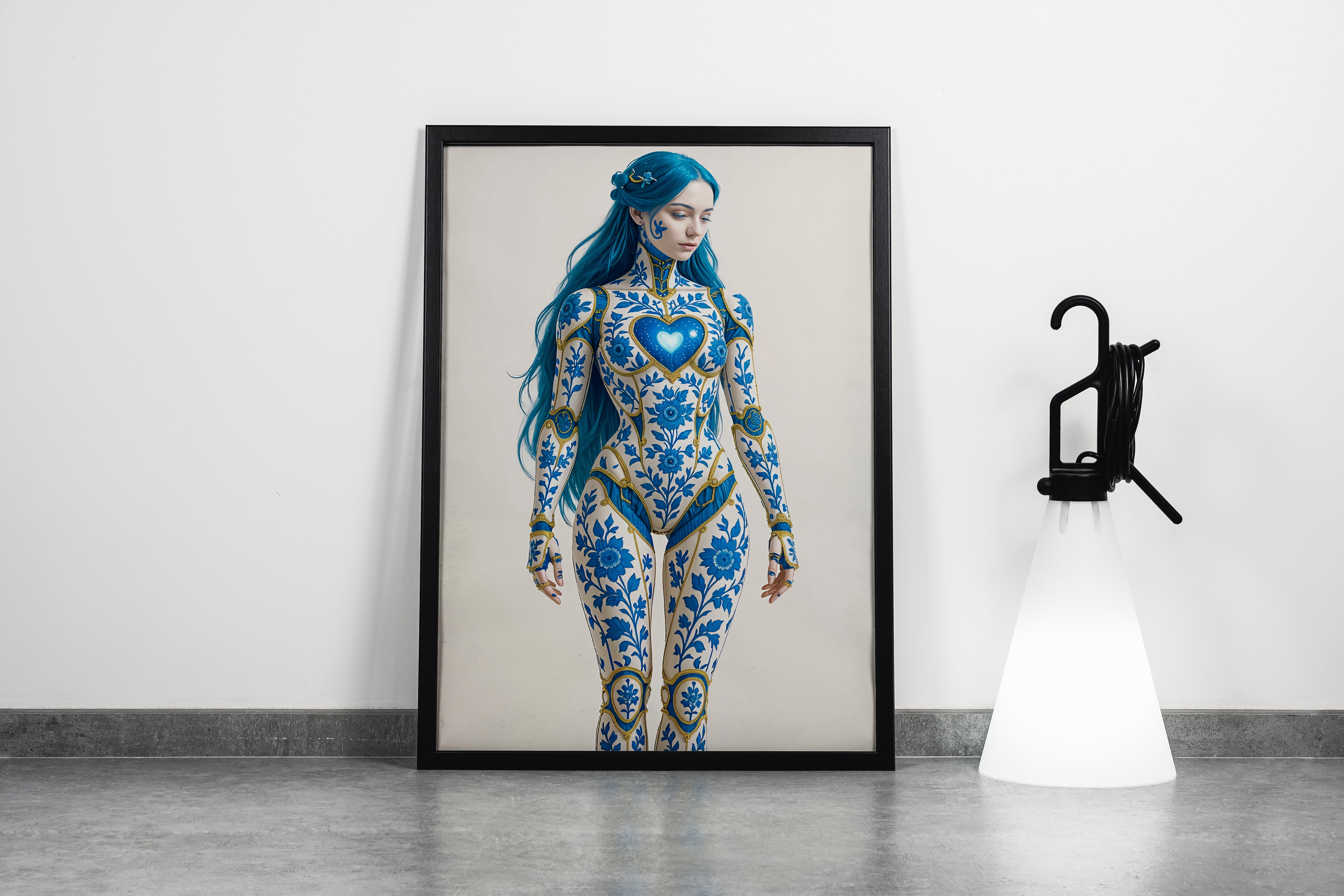 ai creation, an android with blue hair and a body of delftware porcelain and gold, ai art, art, kanvas tablo