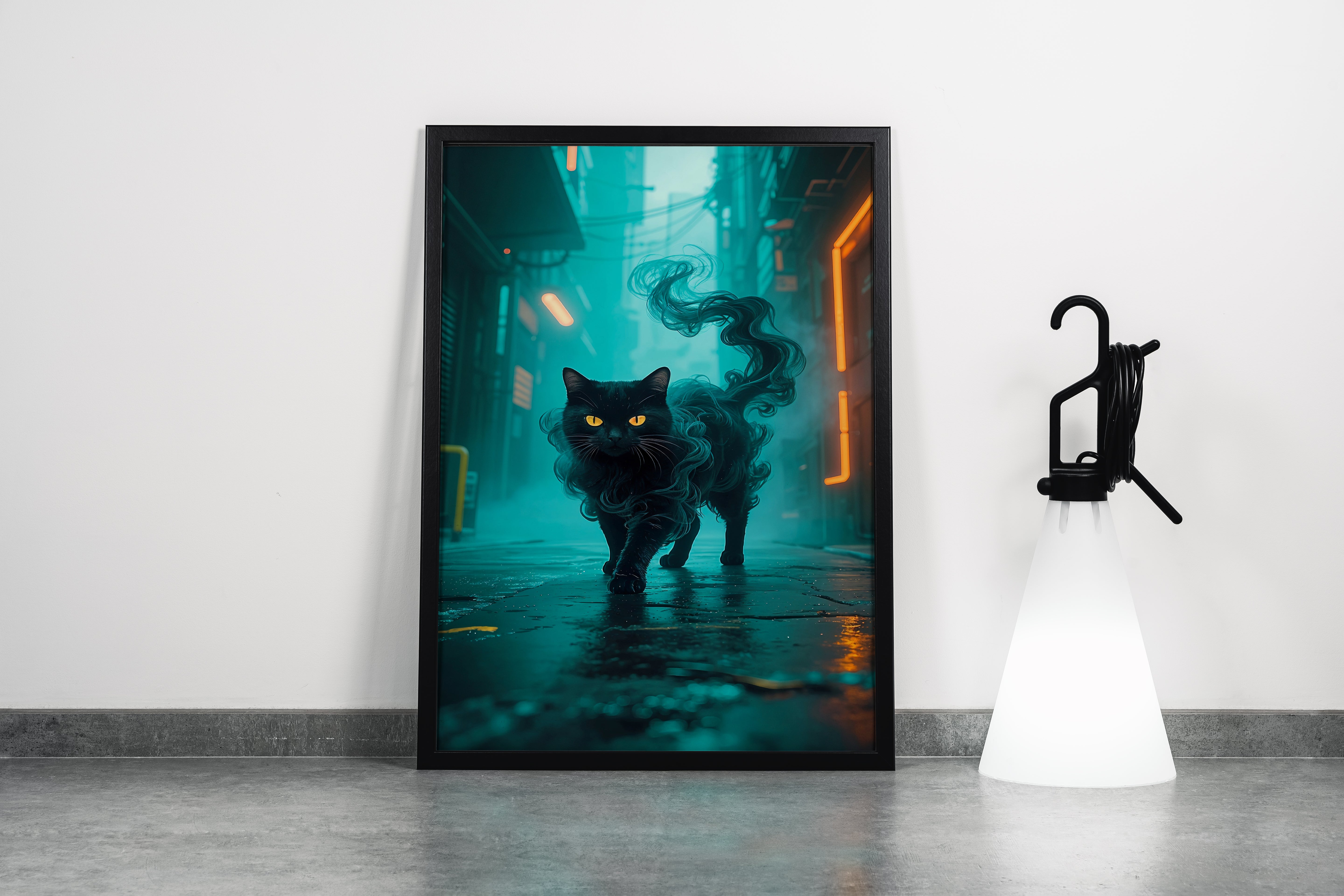 ai creation, cat in neon green fog, pet, ai art, art, kanvas tablo