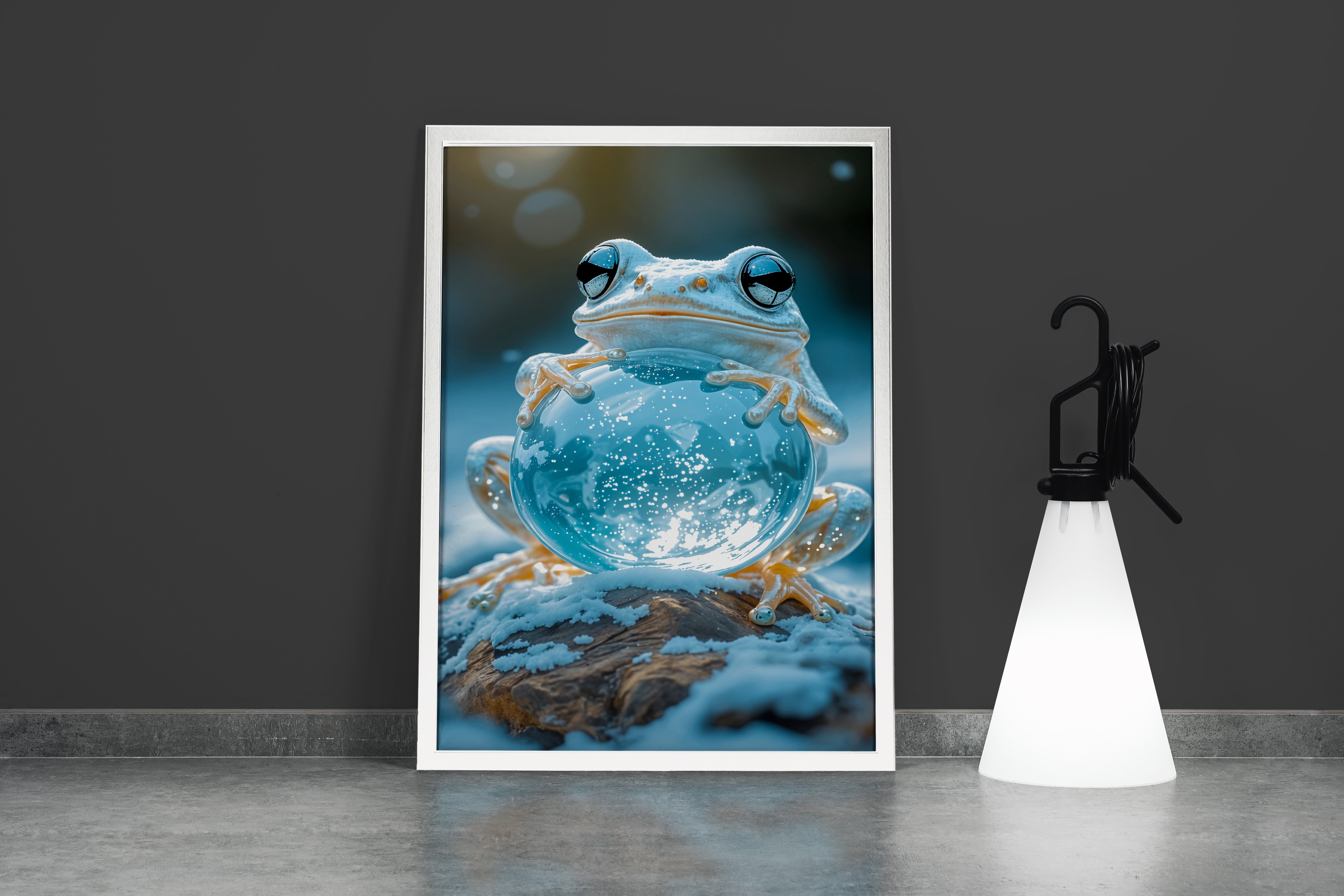 ai creation, frog leaning on snow globe, winter themed, ai art, art, kanvas tablo