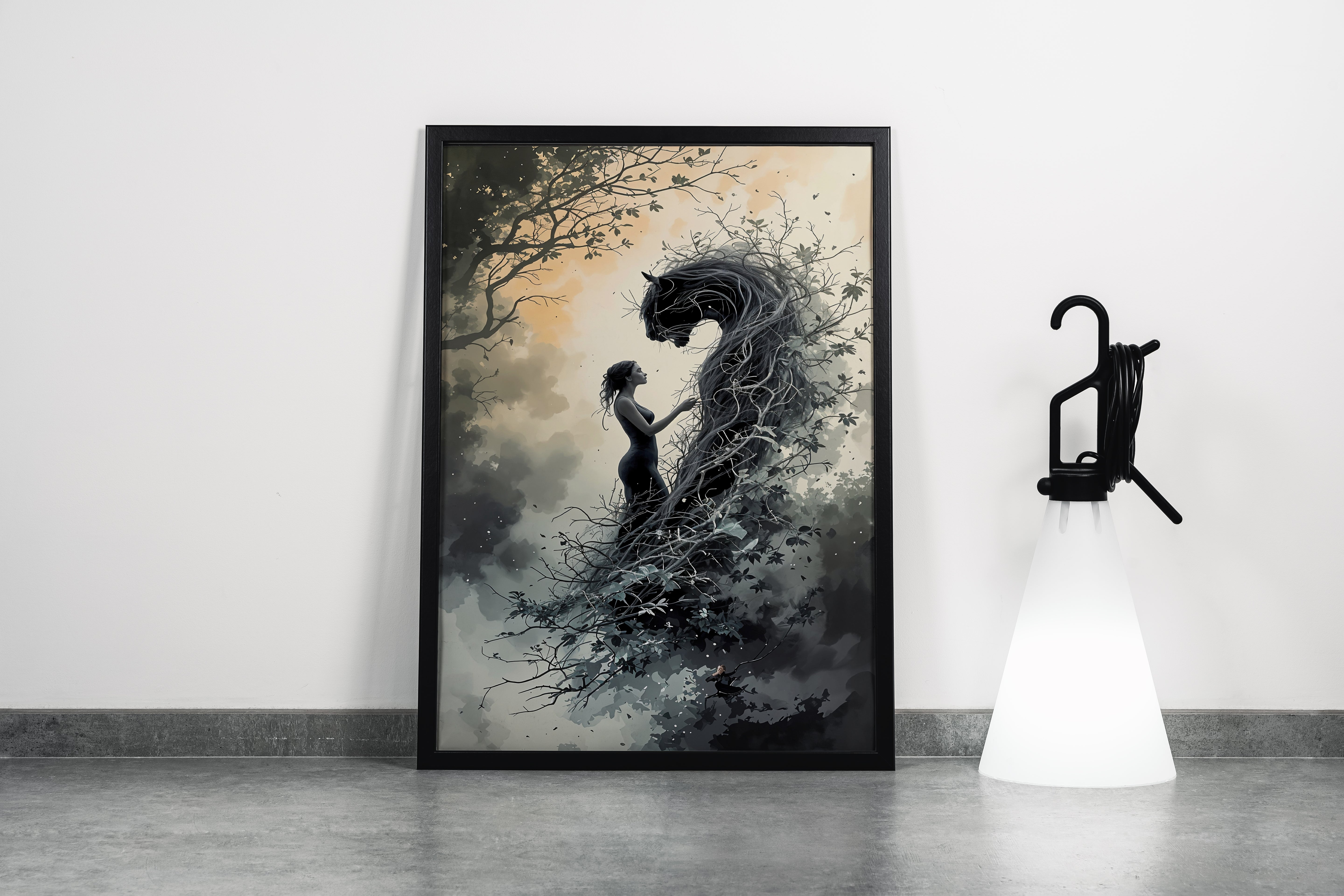 ai creation, black jaguar roaring through the darkness with woman in black, ai art, art, kanvas tablo