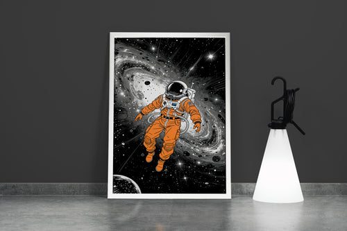 ai creation, astronaut in orange spacesuit stuck in space, ai art, art, kanvas tablo