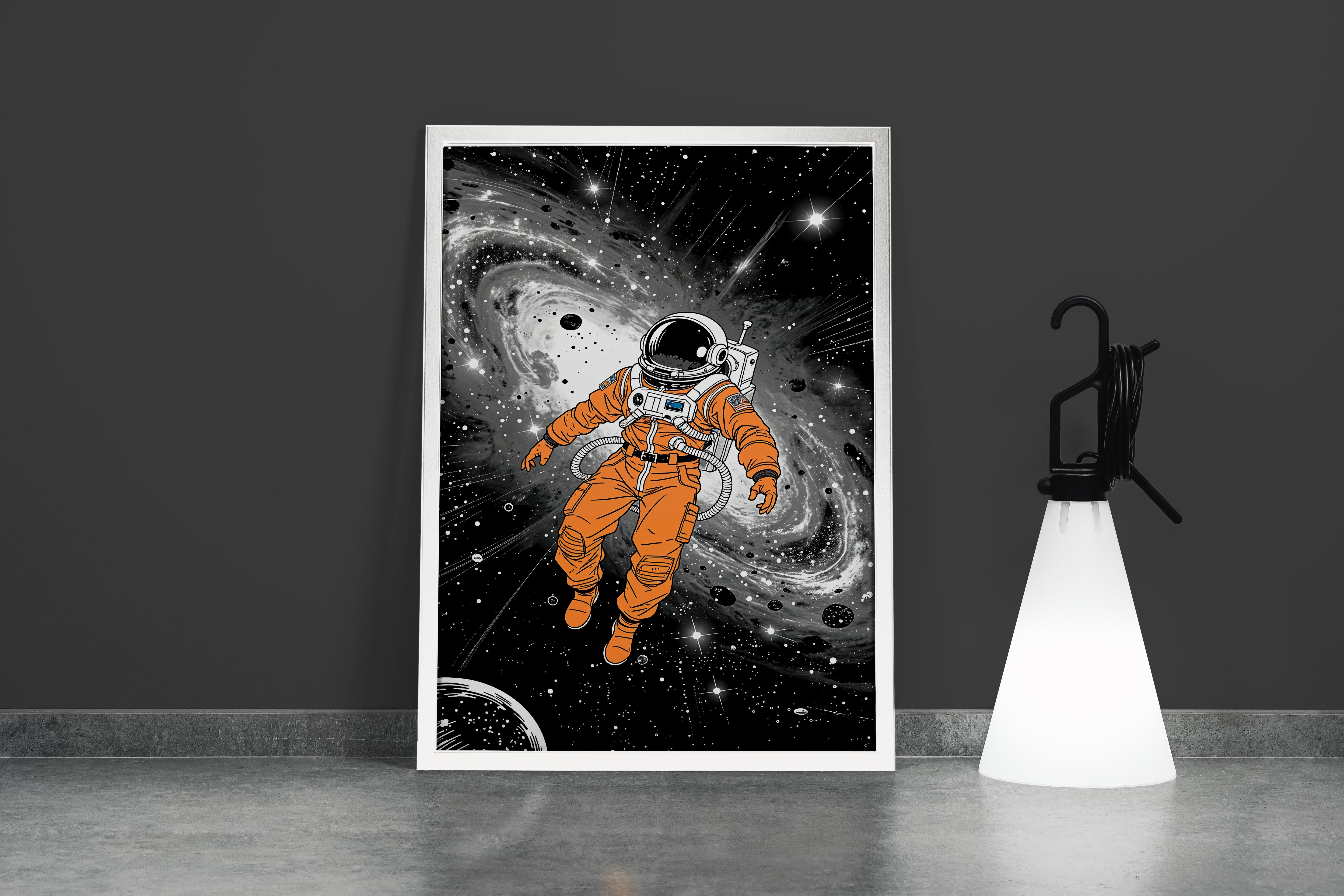 ai creation, astronaut in orange spacesuit stuck in space, ai art, art, kanvas tablo