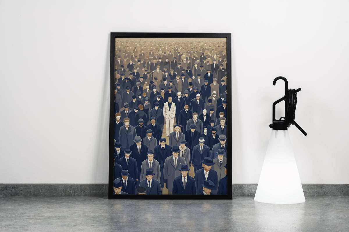 ai creation, the man in the middle of unknown faces, ai art, art, kanvas tablo