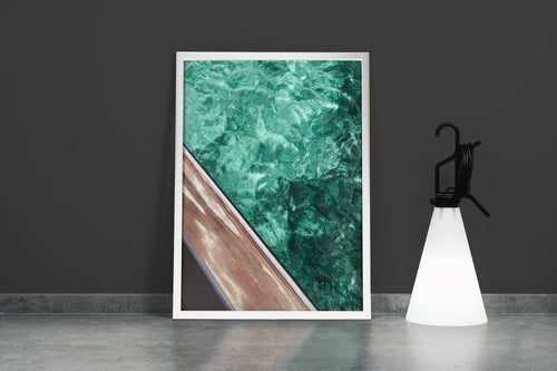 a diagonal view from a wooden deck looking down into clear, turquoise ocean water, abstract, art, kanvas tablo