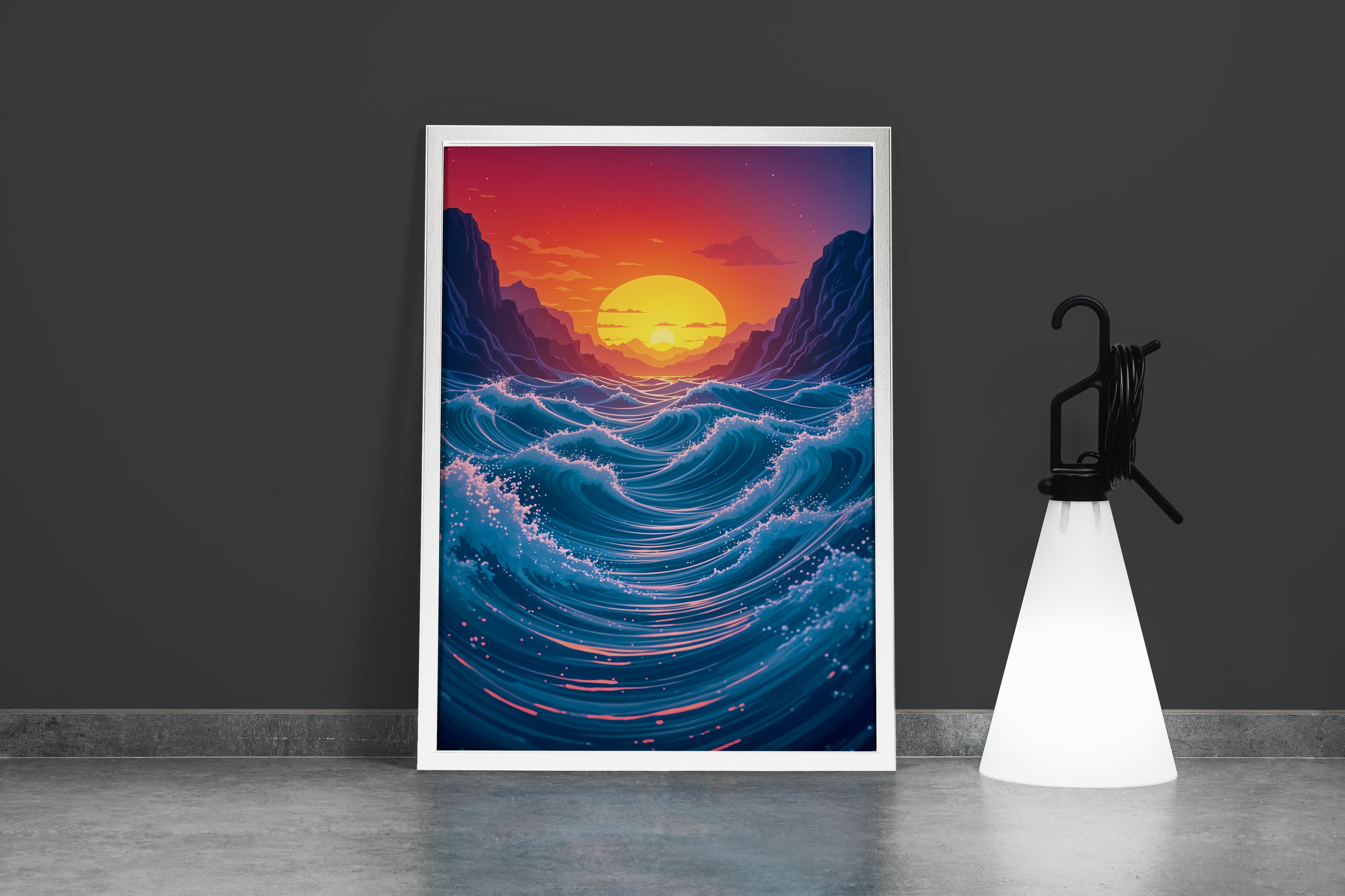 ai creation, as the sun sets among giant waves, ai art, art, kanvas tablo