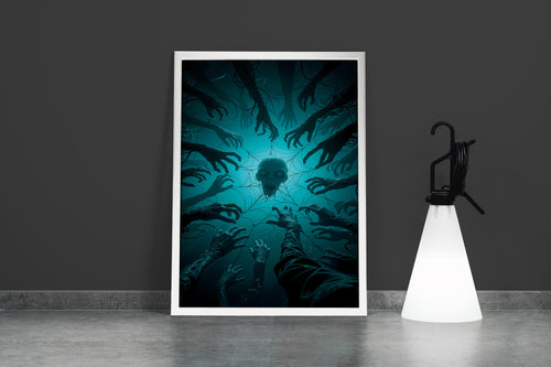 ai creation, hands wanting to pick up a skull caught in a spider web, ai art, art, kanvas tablo