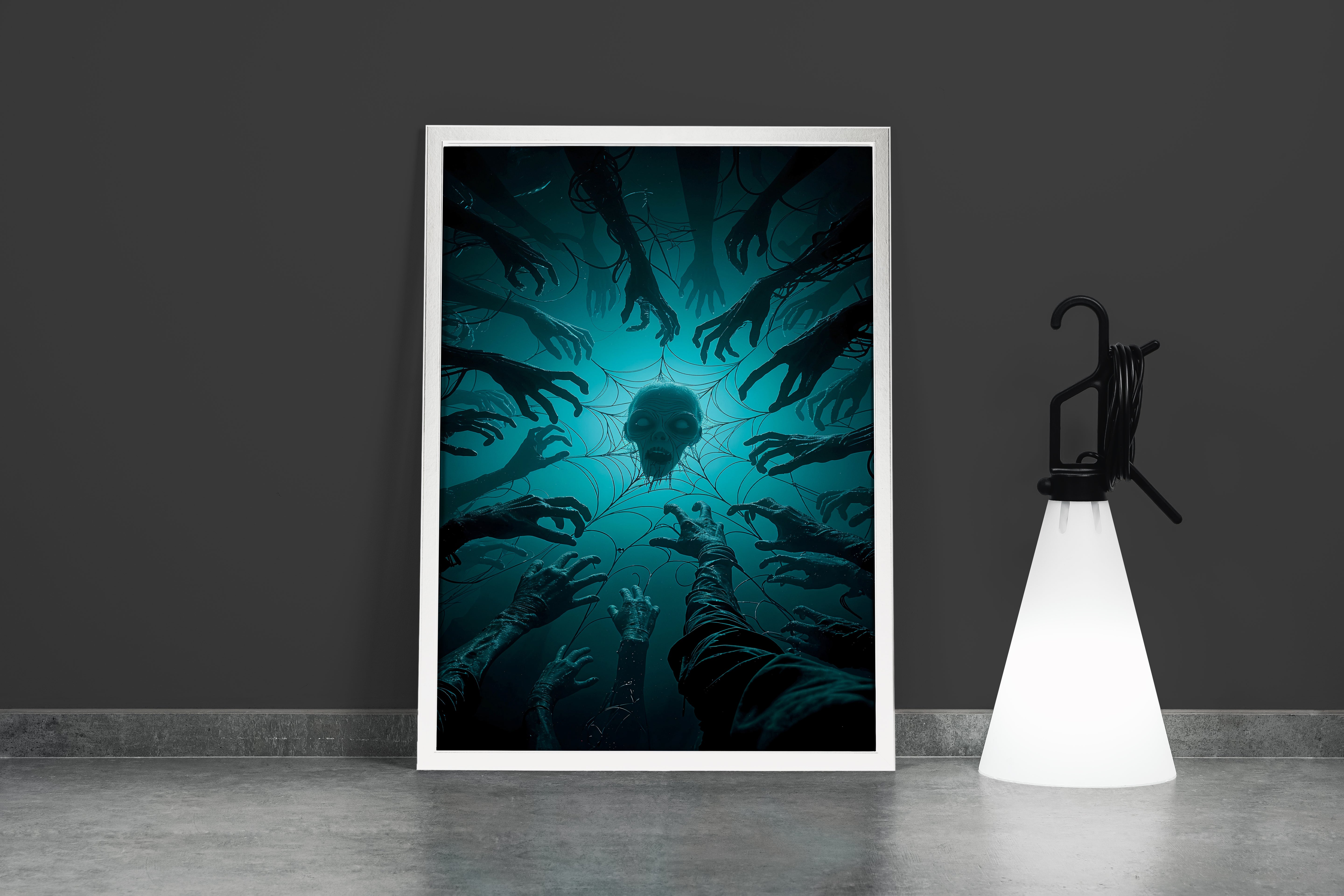 ai creation, hands wanting to pick up a skull caught in a spider web, ai art, art, kanvas tablo