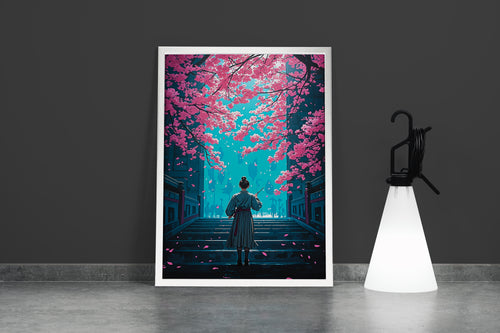 ai creation, master kung fu climbs stairs while pink leaves fall, ai art, art, kanvas tablo