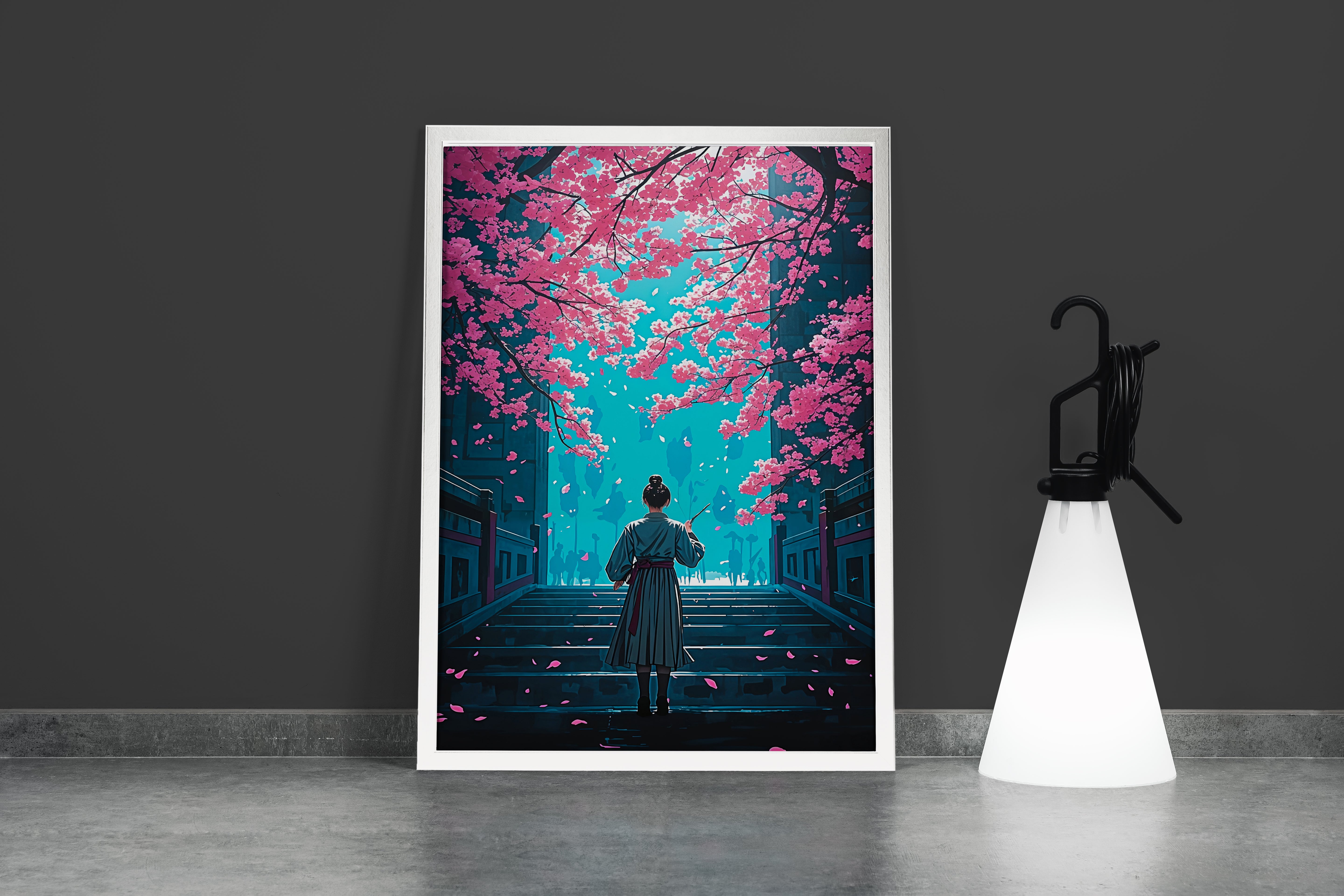 ai creation, master kung fu climbs stairs while pink leaves fall, ai art, art, kanvas tablo