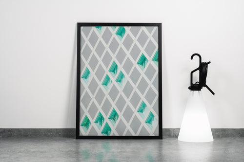 a minimalist architectural facade with a white diagonal lattice over turquoise glass windows, abstract, art, kanvas tablo