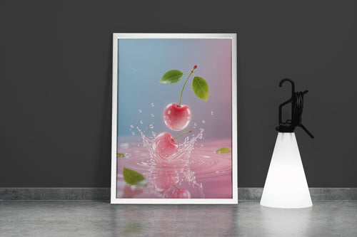ai creation, cherry falling into water, the theme of pink tones, ai art, art, kanvas tablo