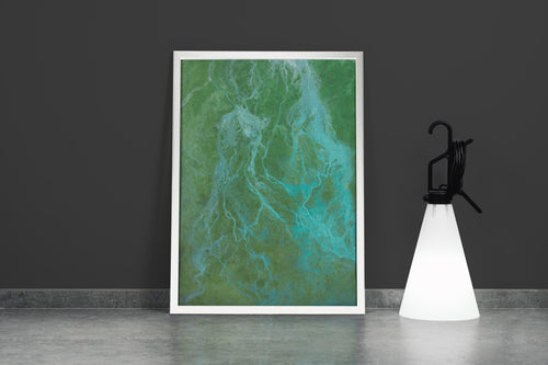 an aerial top-down view of a turquoise glacial river delta in a green landscape, abstract, art, kanvas tablo